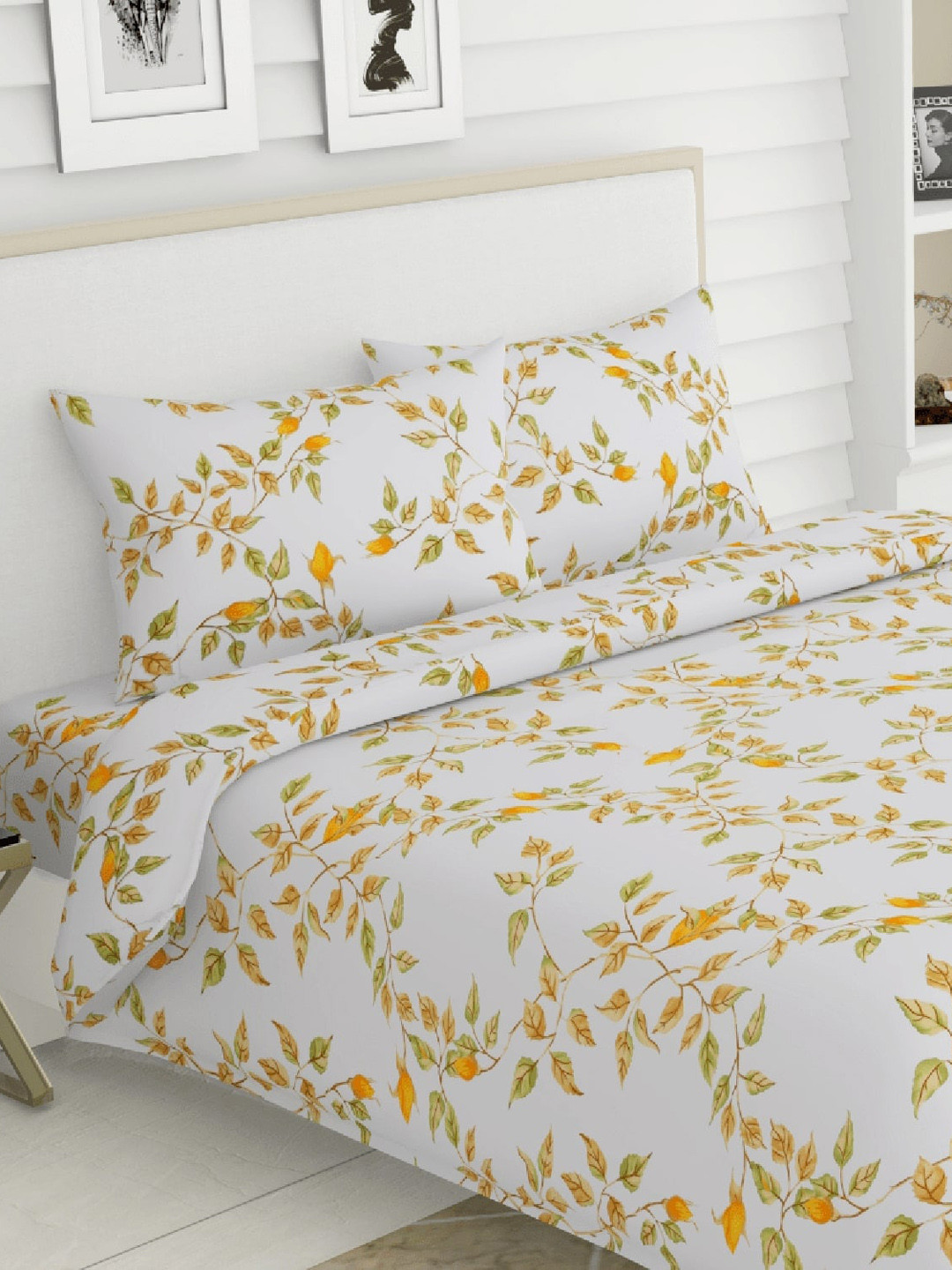 

haus & kinder Orange & Green Floral 144 TC King Bedsheet with 2 Pillow Covers