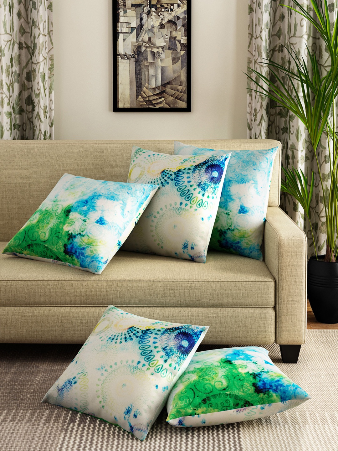 

HOUZZCODE Multicoloured Set of 5 16" x 16" Square Geometric Cushion Covers, Multi