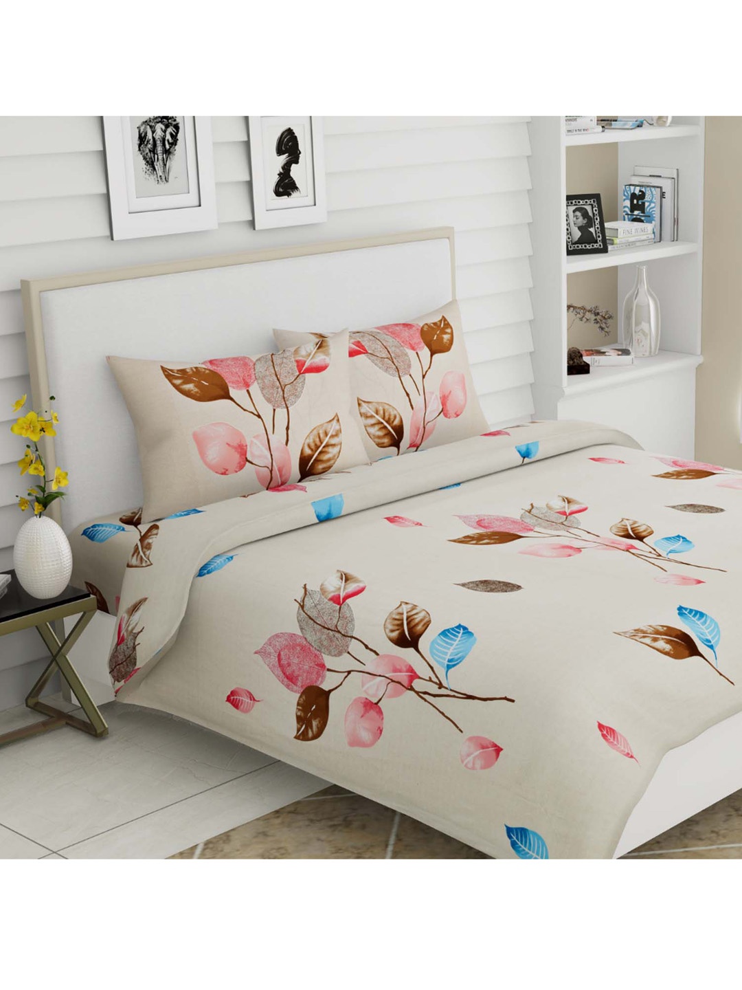 

haus & kinder White & Brown Floral 186 TC Cotton King Bedsheet with 2 Pillow Covers