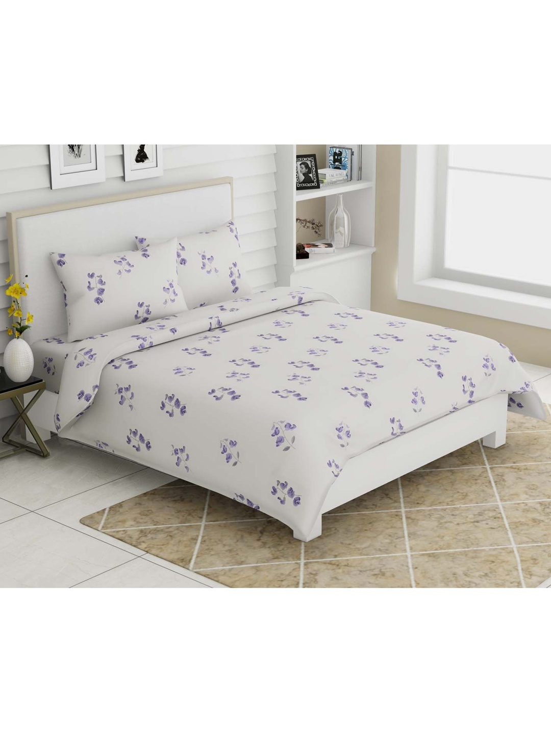 

haus & kinder White & Purple Floral 250 TC Cotton King Bedsheet with 2 Pillow Covers