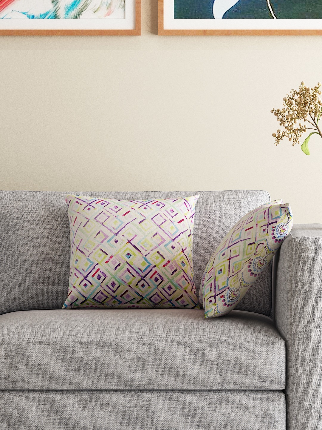 

HOUZZCODE Multicoloured Set of 2 Printed 16'' x 16'' Square Cushion Covers, Multi