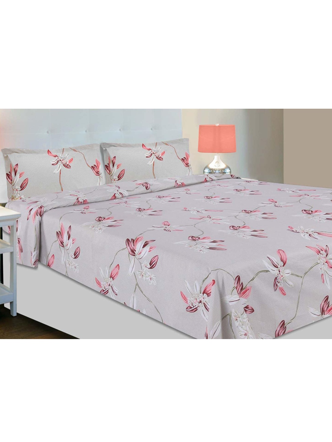 

haus & kinder Grey & Pink Floral 186 TC Queen Bedsheet with 2 Pillow Covers