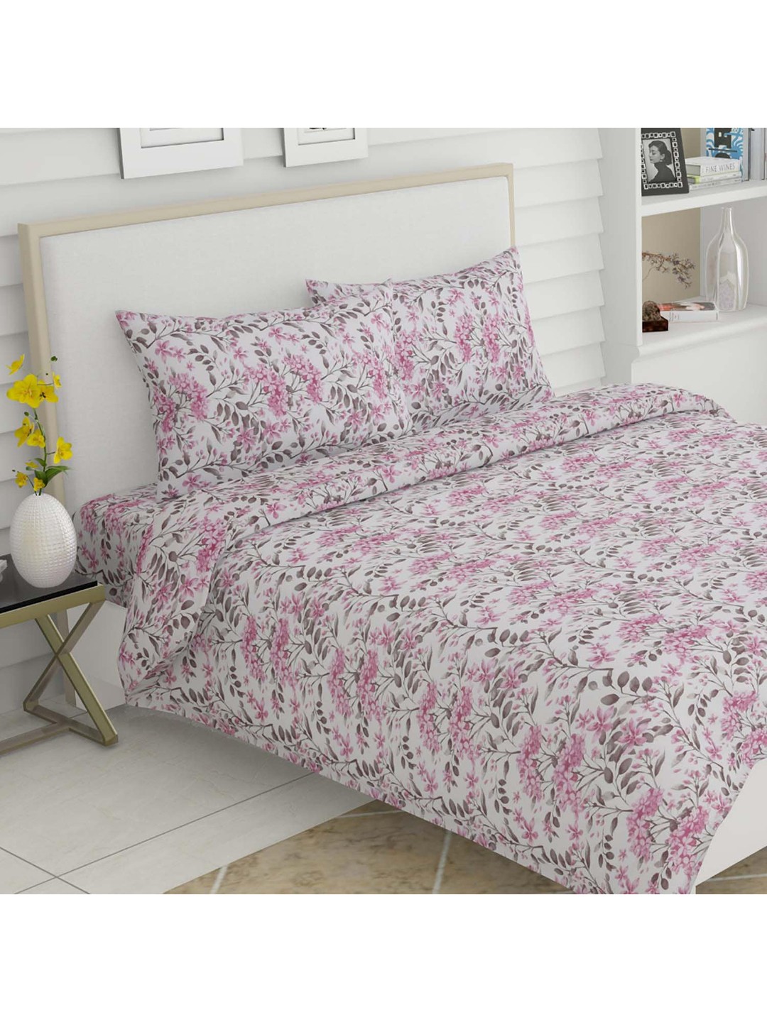 

haus & kinder Unisex - White & Pink Double Floral Bedsheets (Pack of 1)