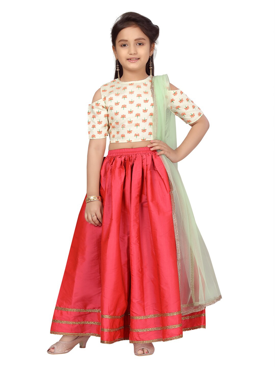 

Aarika Girls Cream-Coloured & Red Printed Ready to Wear Lehenga &