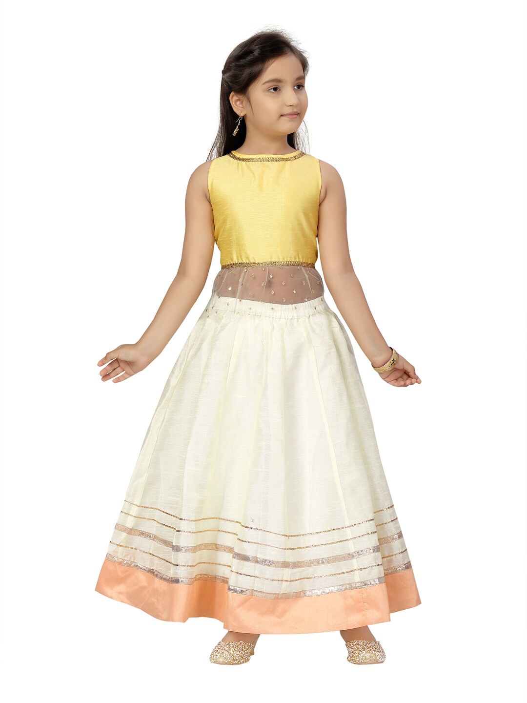 

Aarika Girls Yellow & White Embellished Ready to Wear Lehenga Choli set