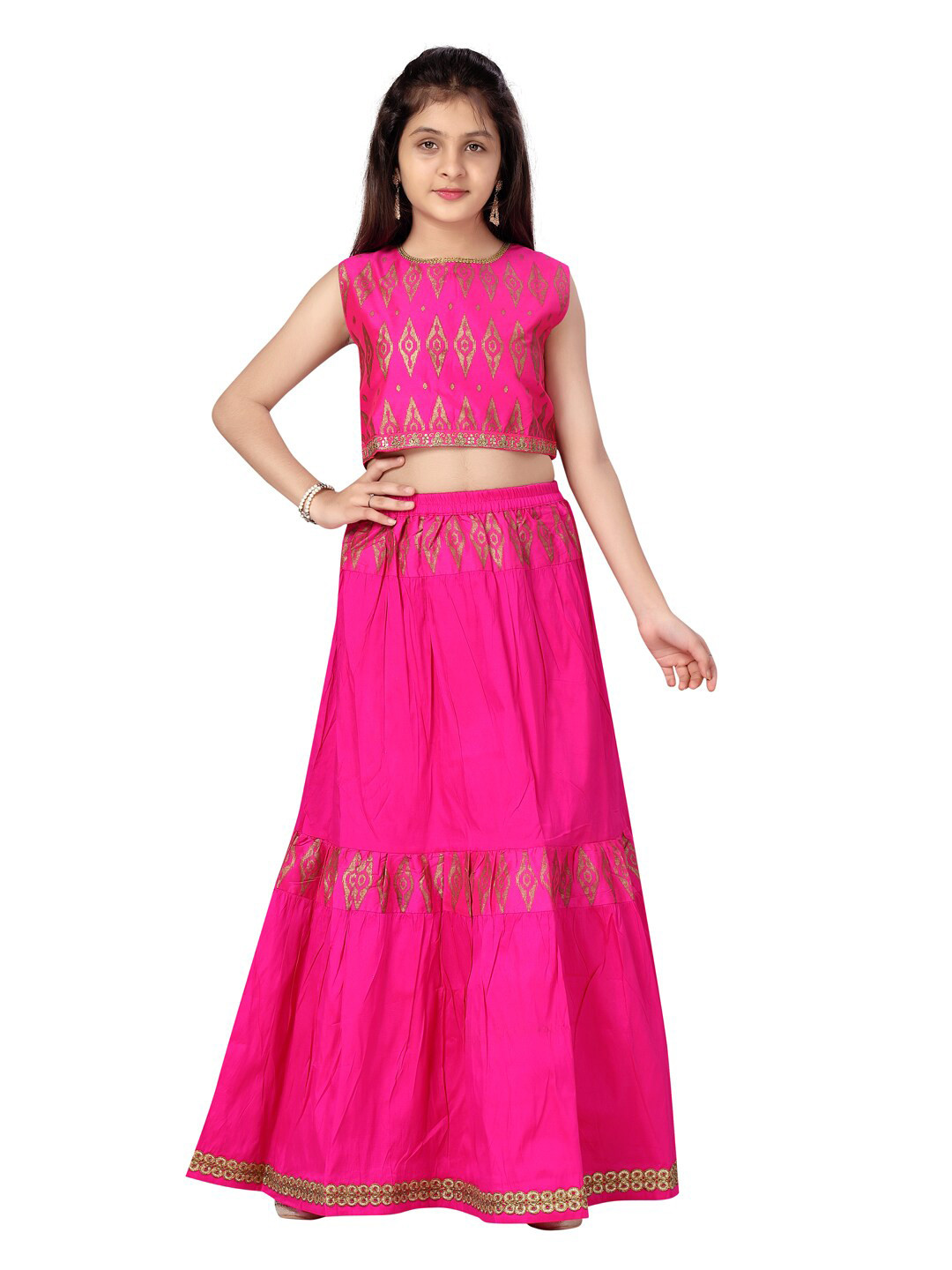 

Aarika Girls Pink & Gold-Toned Printed Sequinned Ready to Wear Lehenga &