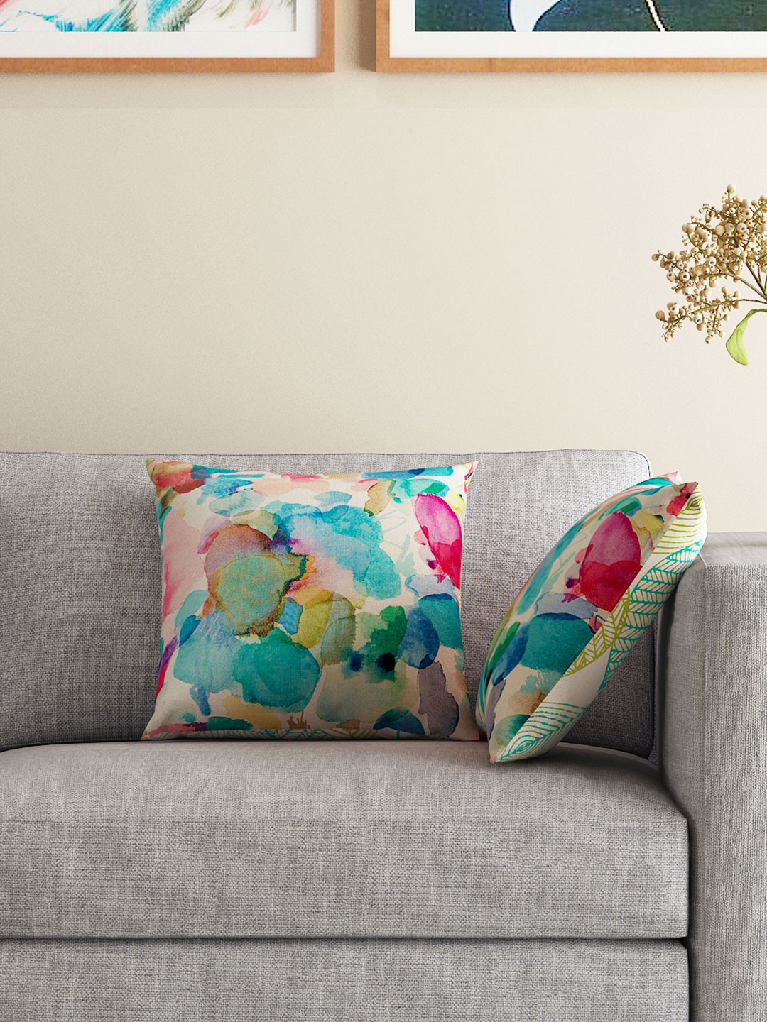 

HOUZZCODE Multicoloured Set of 2 Printed 16" x 16" Square Cushion Covers, Multi