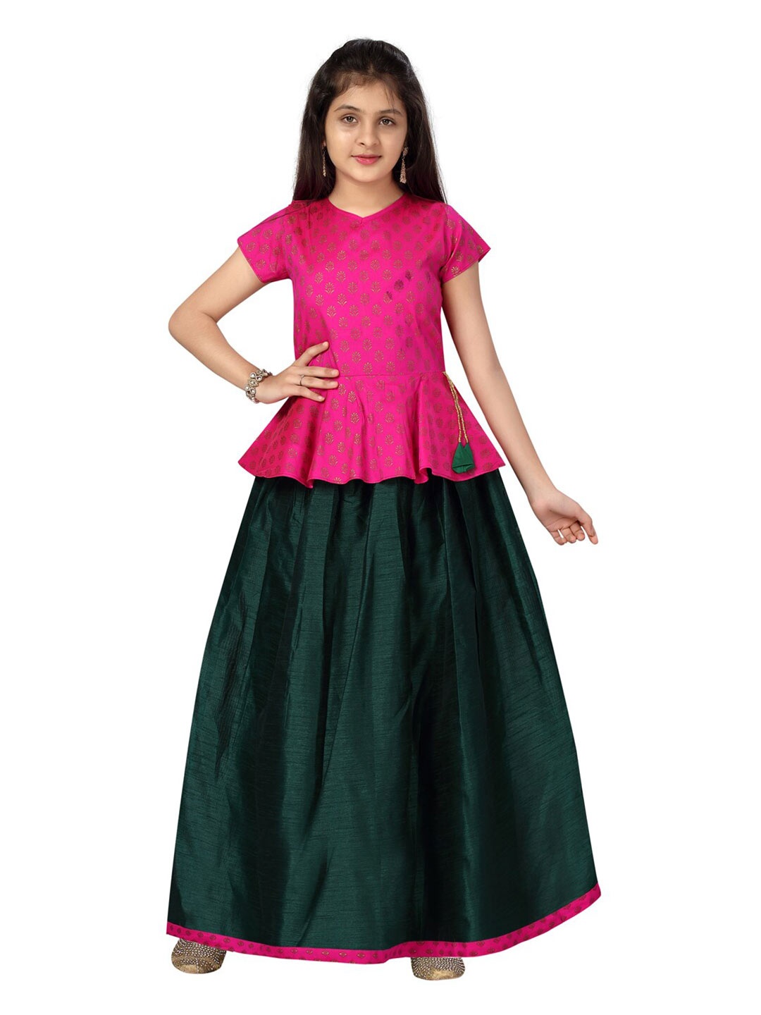 

Aarika Girls Pink & Green Printed Ready to Wear Lehenga & Blouse