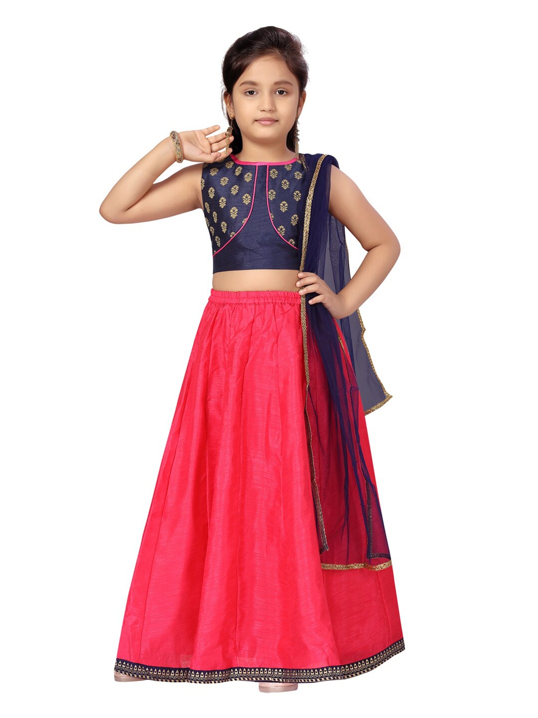 

Aarika Girls Navy Blue & Red Printed Ready to Wear Lehenga Set