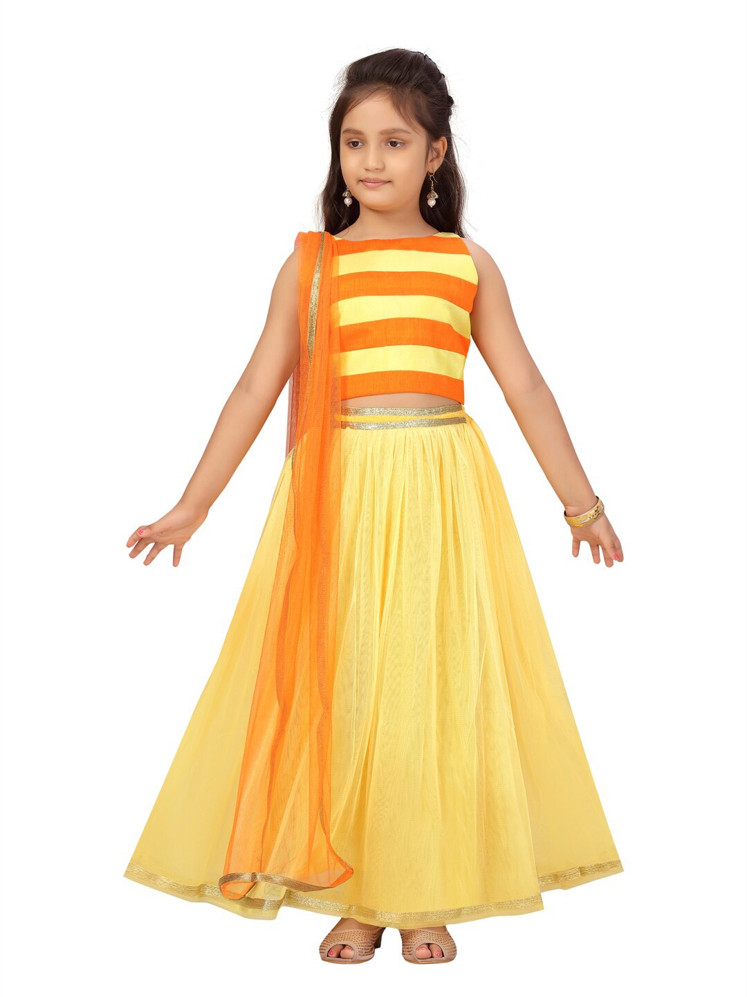 

Aarika Girls Yellow & Orange Ready to Wear Lehenga & Blouse With Dupatta