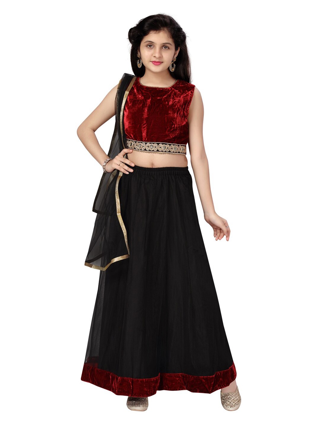 

Aarika Girls Maroon & Black Ready to Wear Lehenga Set