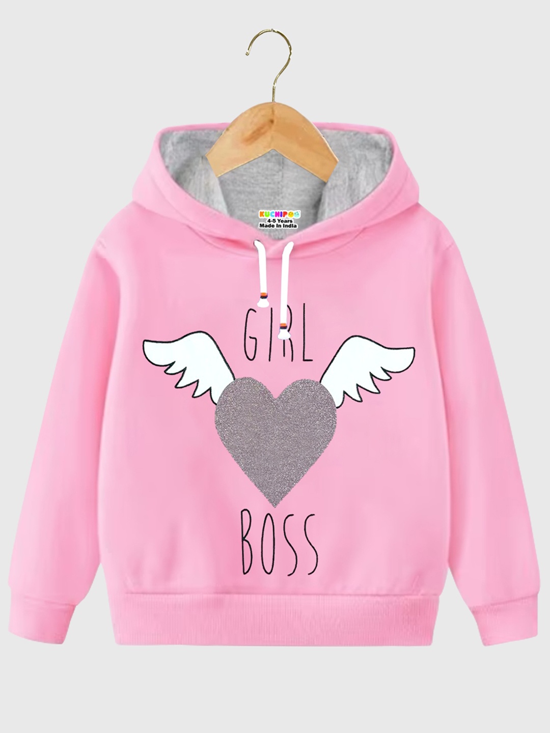 

KUCHIPOO Girls Pink Printed Hooded Sweatshirt