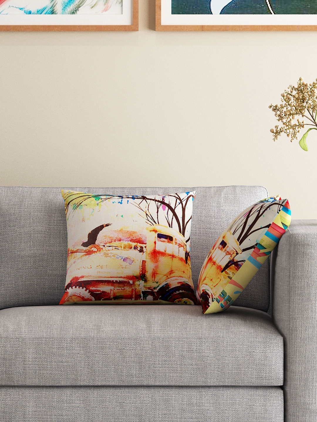 

HOUZZCODE Multicoloured Set of 2 Printed 16" x 16" Square Cushion Covers, Multi