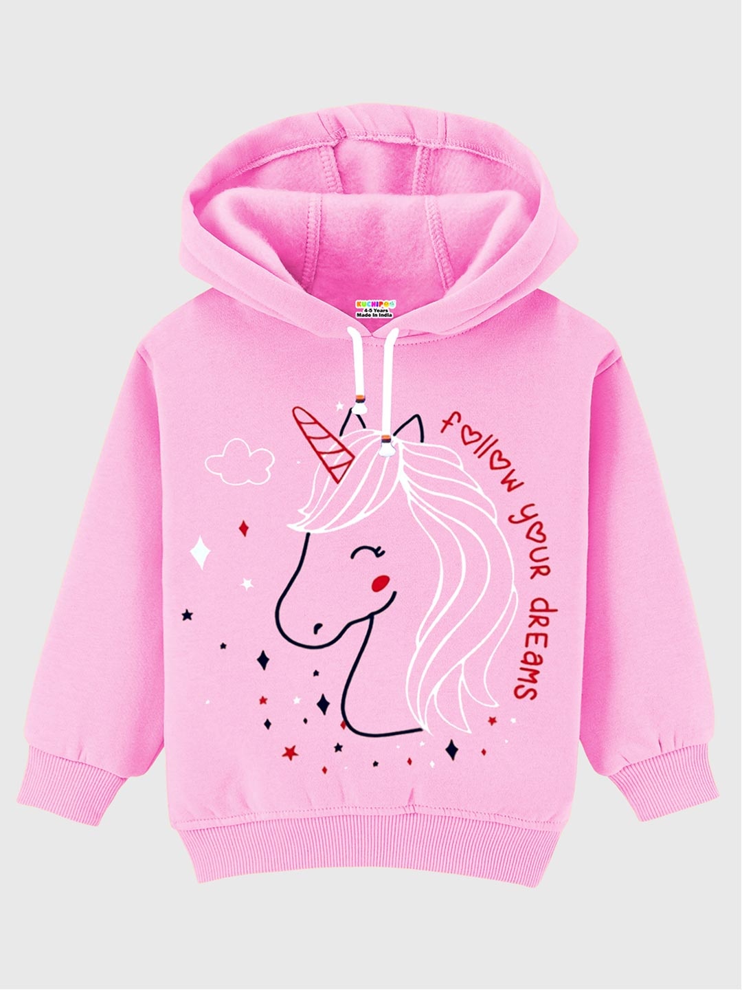 

KUCHIPOO Girls Pink Printed Winterwear Girls Hoodies