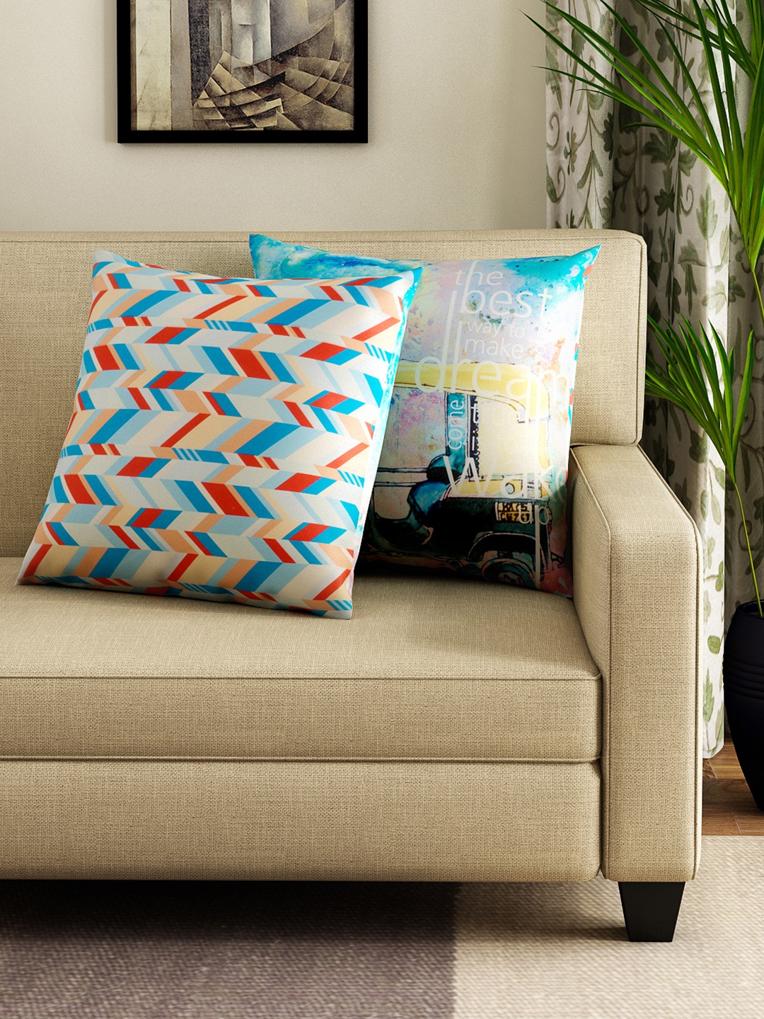 

HOUZZCODE Multicoloured Set of 2 Printed 16'' x 16'' Square Cushion Covers, Multi