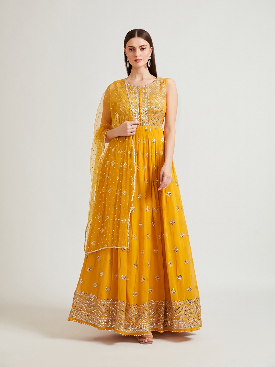 

Neerus Mustard Yellow Ethnic Motifs Embellished Georgette Ethnic Maxi Dress