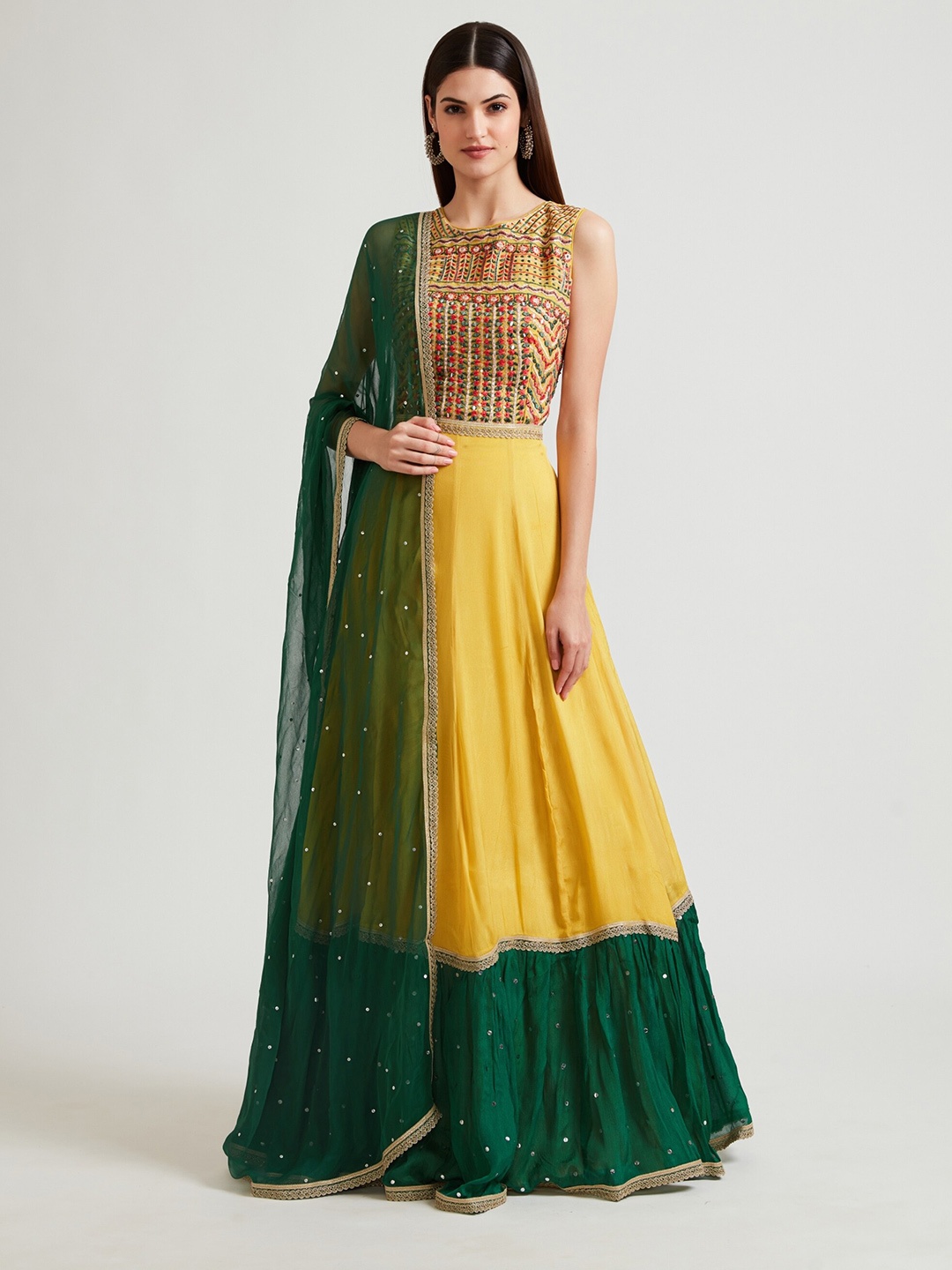 

Neerus Women Mustard Yellow Colourblocked Embroidered Empire Chiffon Ethnic Maxi Dress