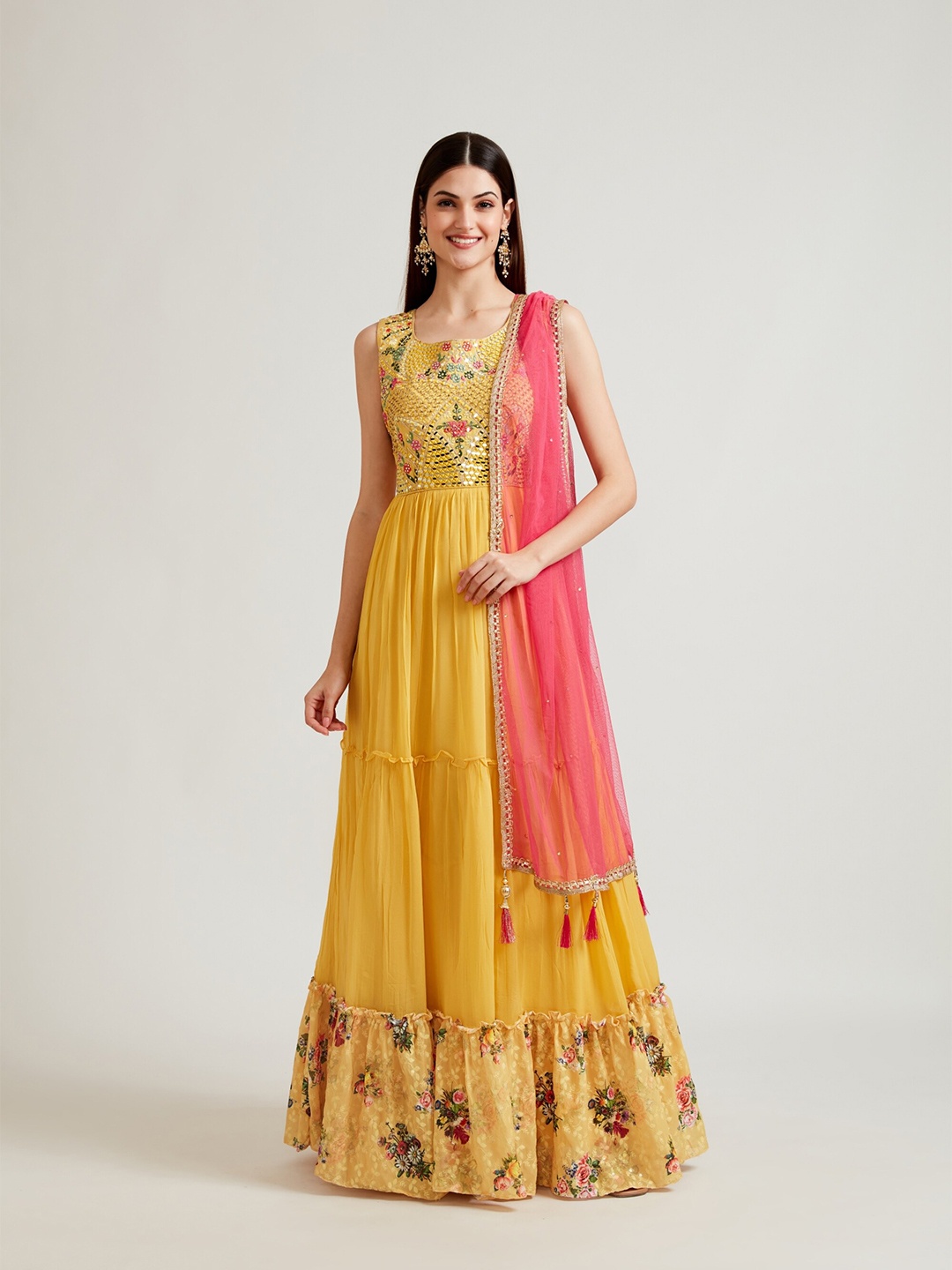 

Neerus Women Yellow Embroidered Empire Design Georgette Ethnic Maxi Dress