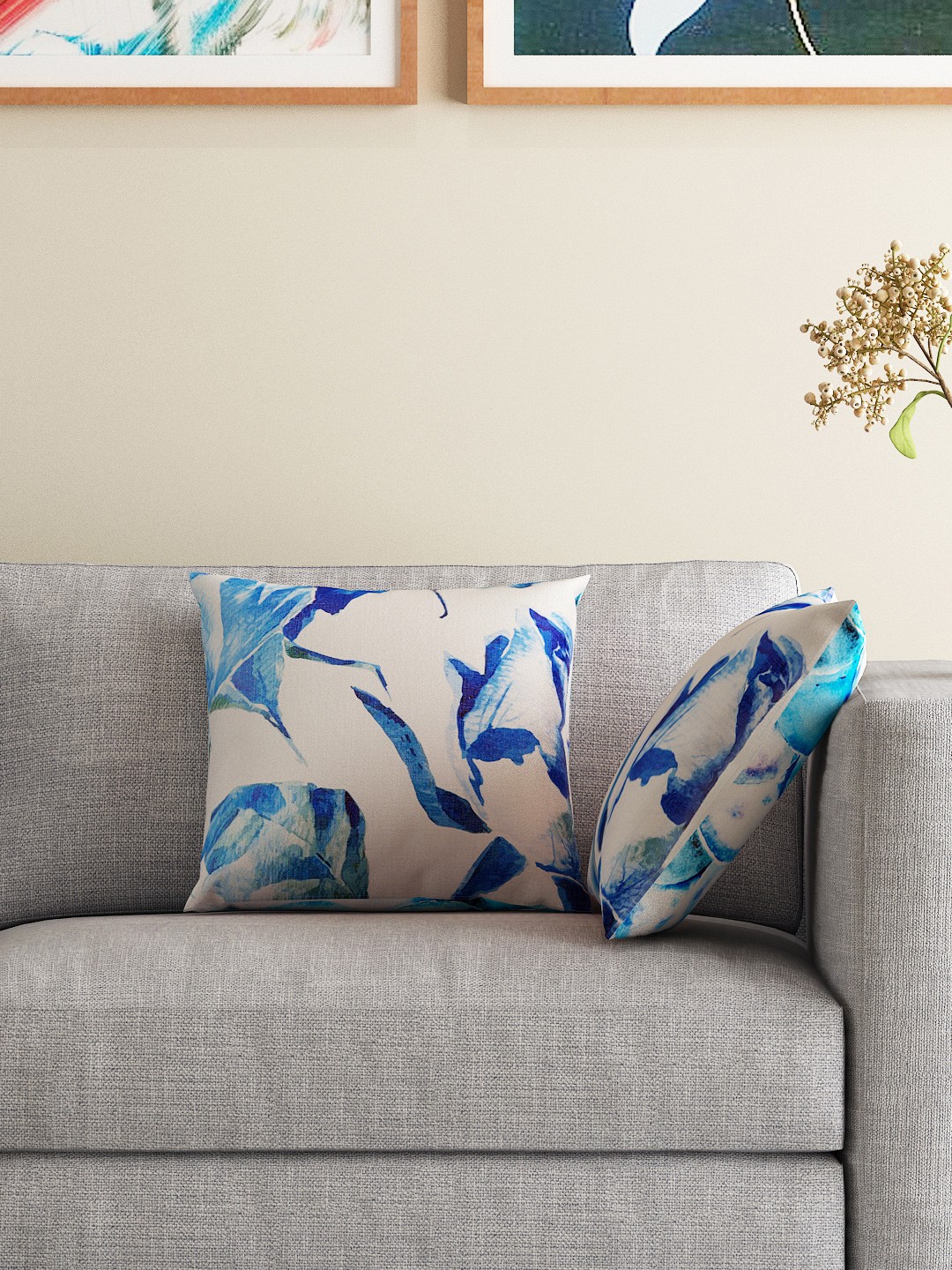 

HOUZZCODE Off-White & Blue Set of 2 Printed Double-Sided 16'' x 16'' Square Cushion Covers