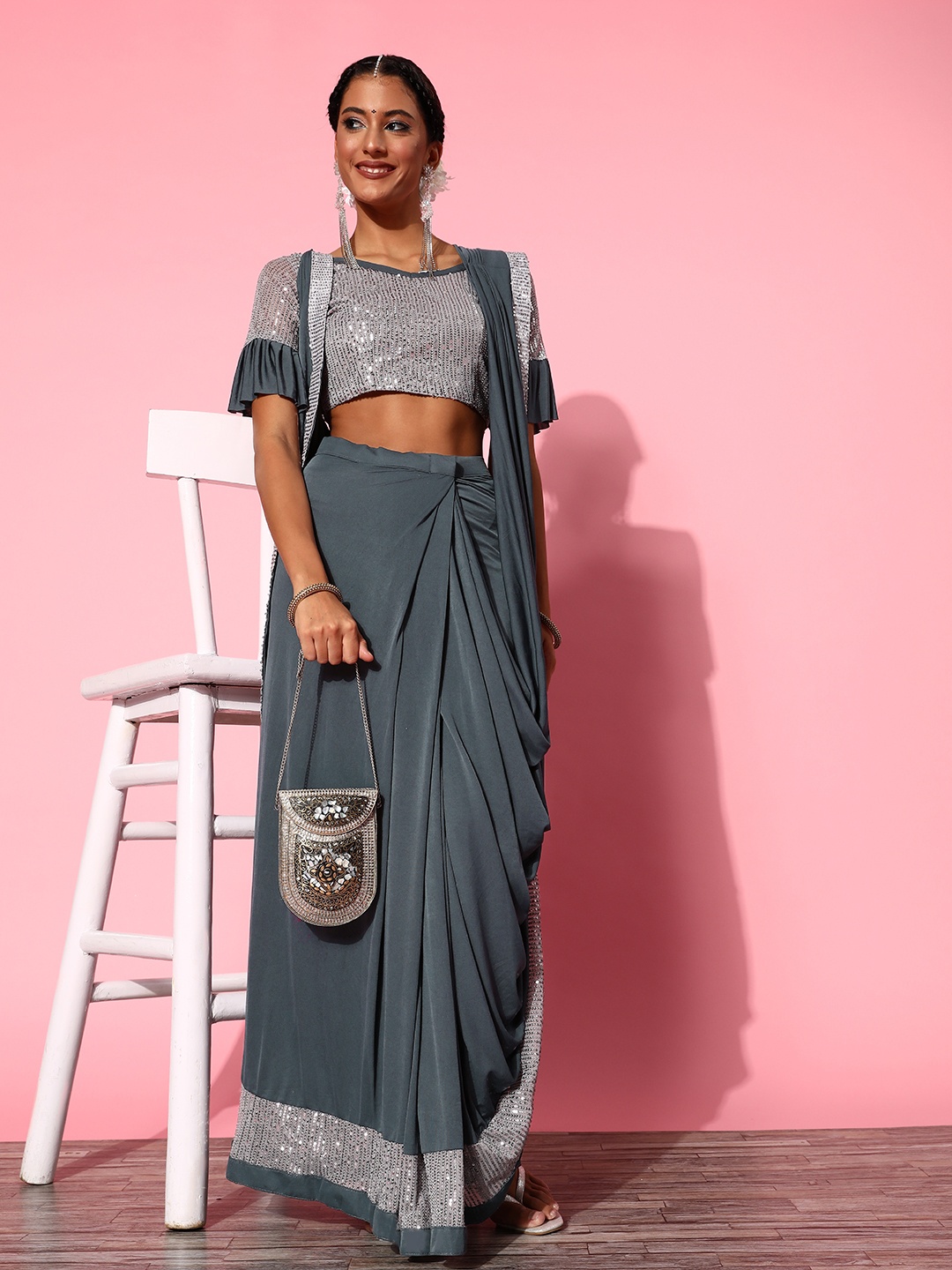 

Kalista Solid Saree with Embellished border, Grey