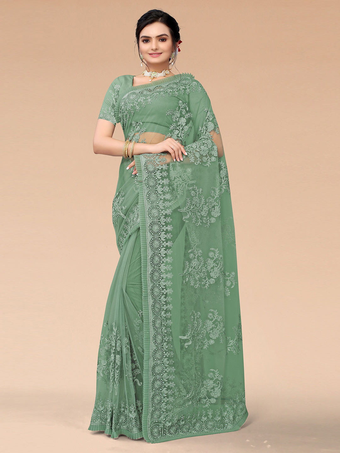 

Mitera Green Floral Beads and Stones Net Heavy Work Saree