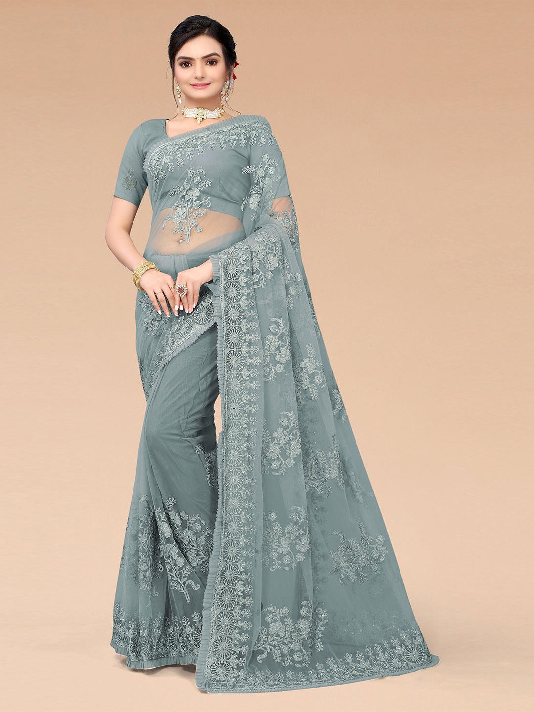 

Mitera Women Teal Floral Embroidered Net Heavy Work Saree