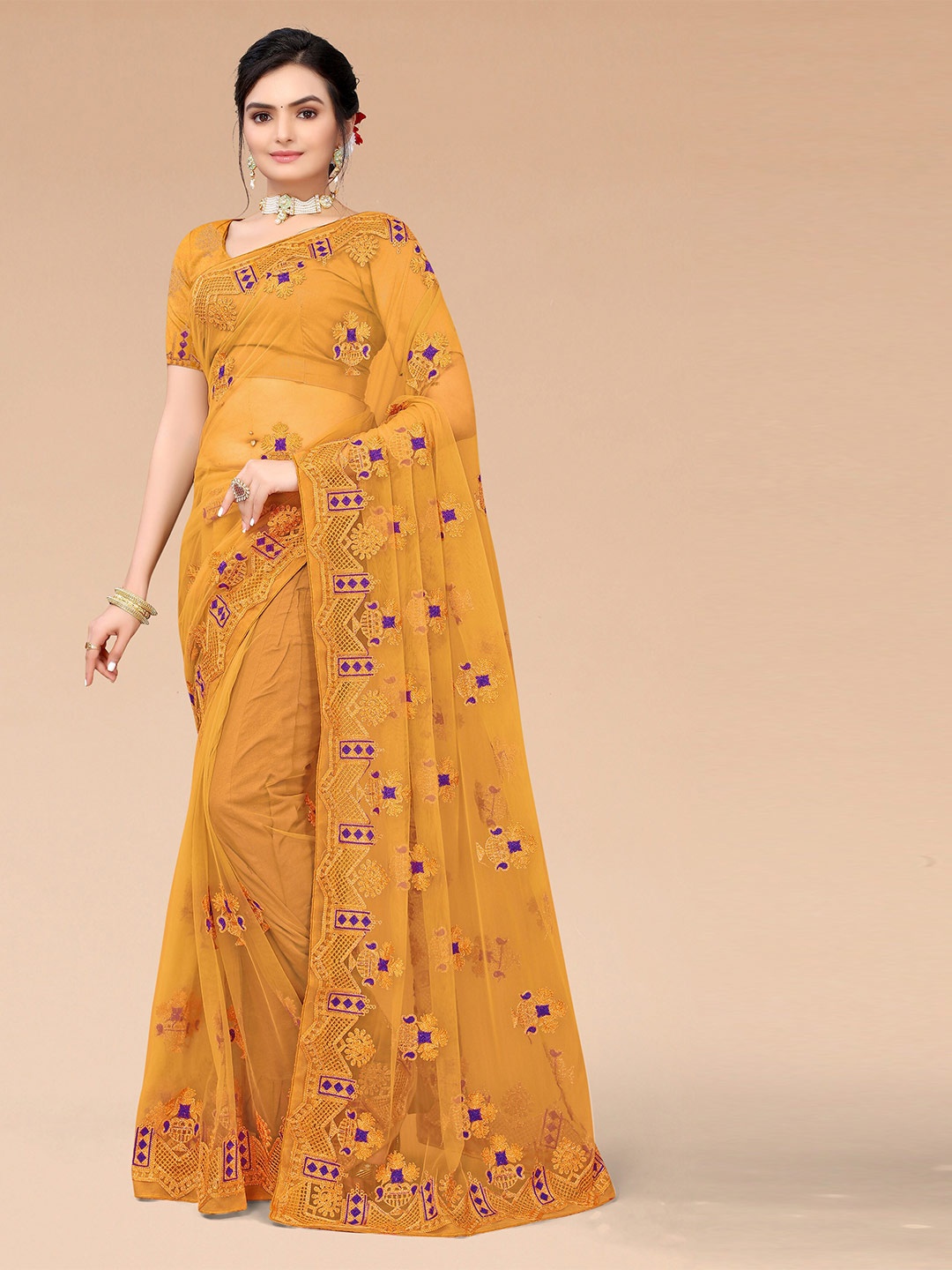 

Mitera Mustard & Navy Blue Floral Embroidered Net Heavy Work Saree