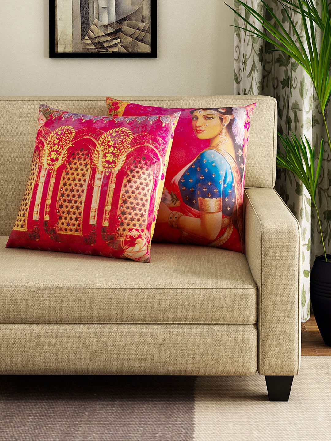 

HOUZZCODE Maroon Set of 2 Printed 16" x 16" Square Cushion Covers