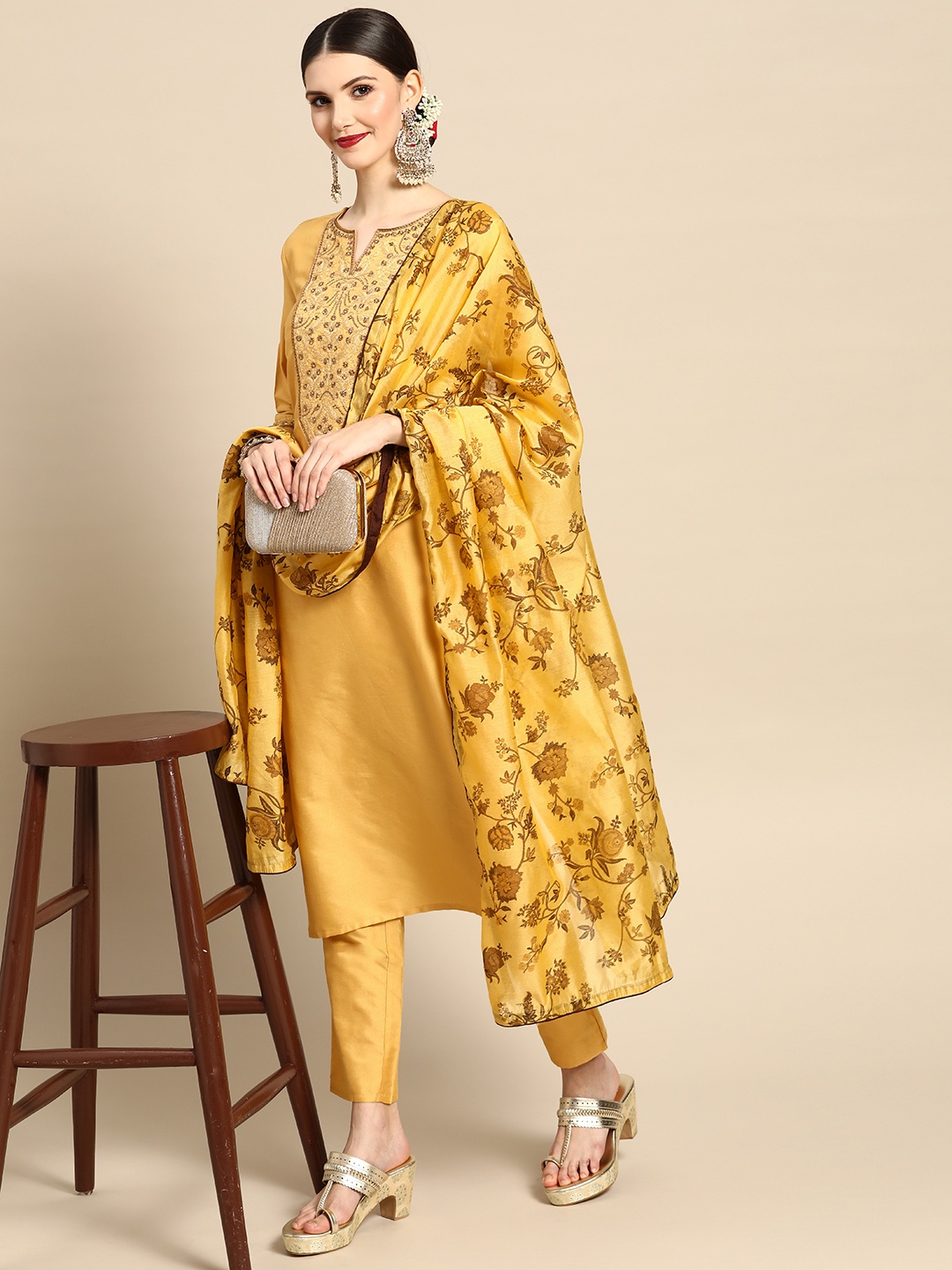 

Anouk Women Yellow Floral Yoke Design Kurta with Palazzos & With Dupatta