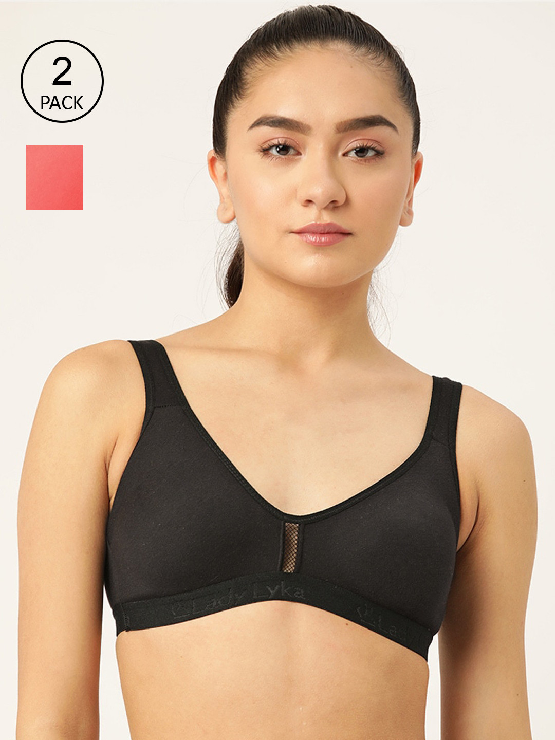 

Lady Lyka Set Of 2 Black & Peach-Coloured Non Padded & Non Wired Solid Workout Bra