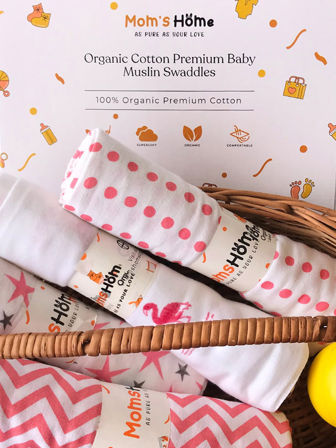 

Moms Home Infants Set Of 4 Printed Organic Cotton Soft Baby Muslin Swaddle, Pink