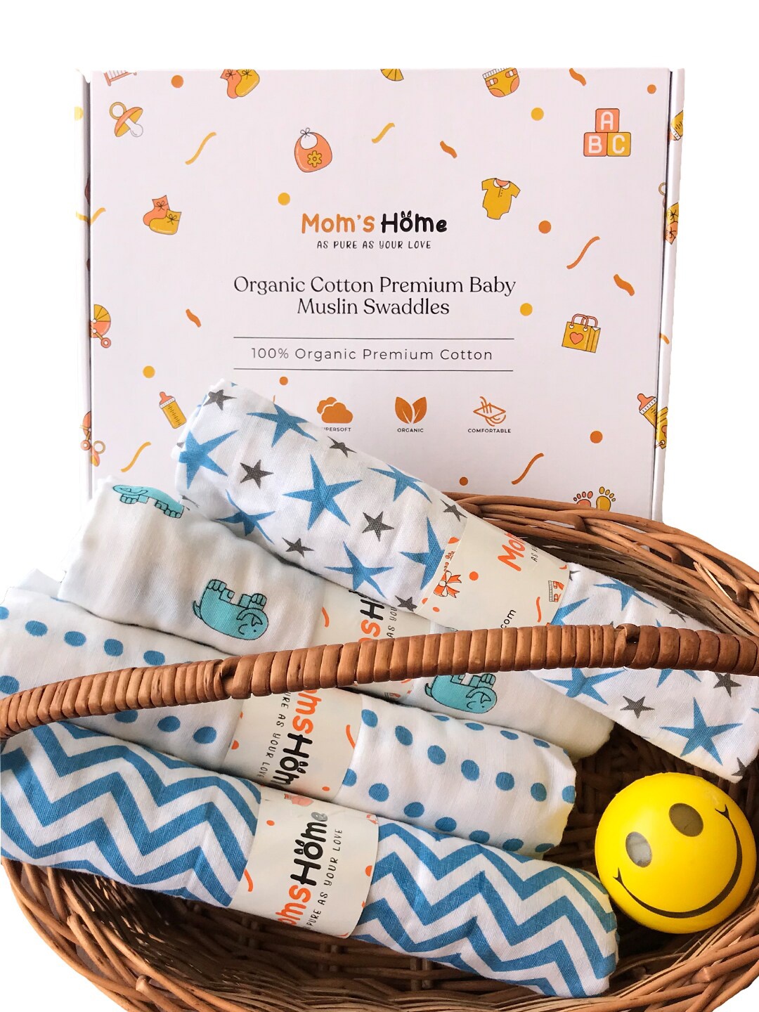 

Moms Home Infants Set Of 4 Printed Organic Cotton Soft Baby Muslin Swaddle, Blue