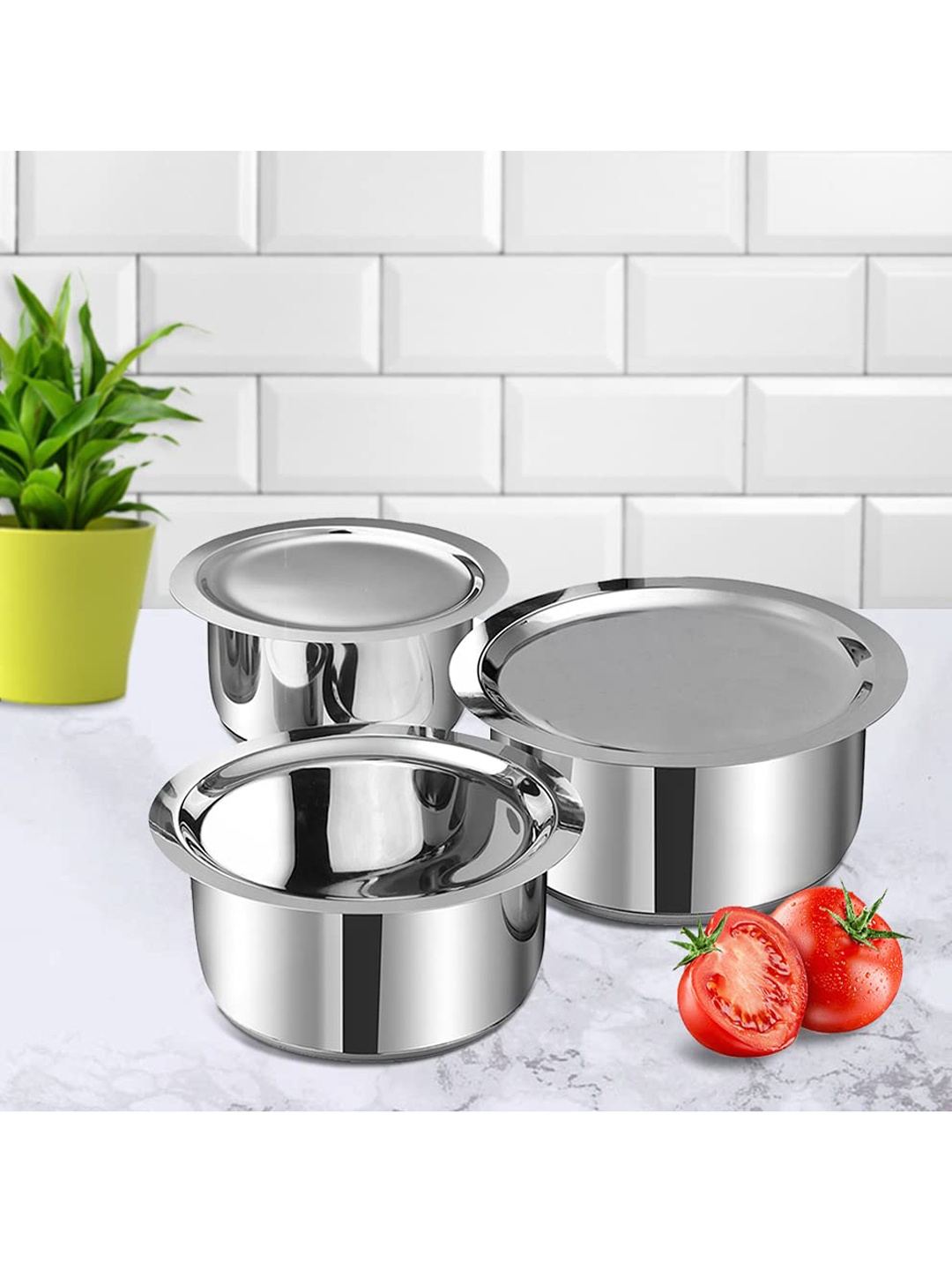 

Vinod Set of 3 Silver-Toned Stainless Steel Solid Topes 5400ml