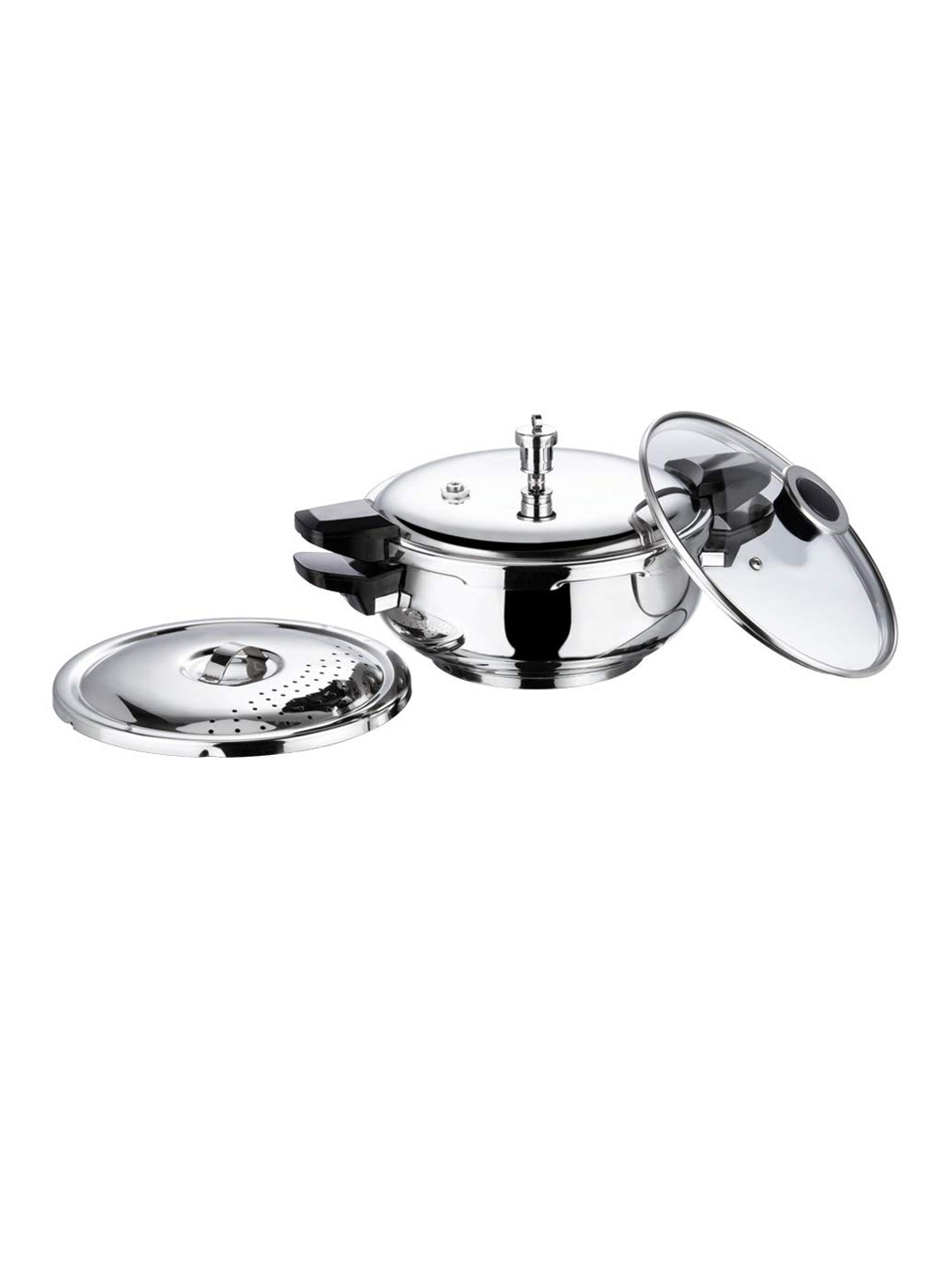 

Vinod 2-in-1 Silver-Toned & Black Solid Stainless Steel Pressure Cooker & Kadhai 5.5 Ltr