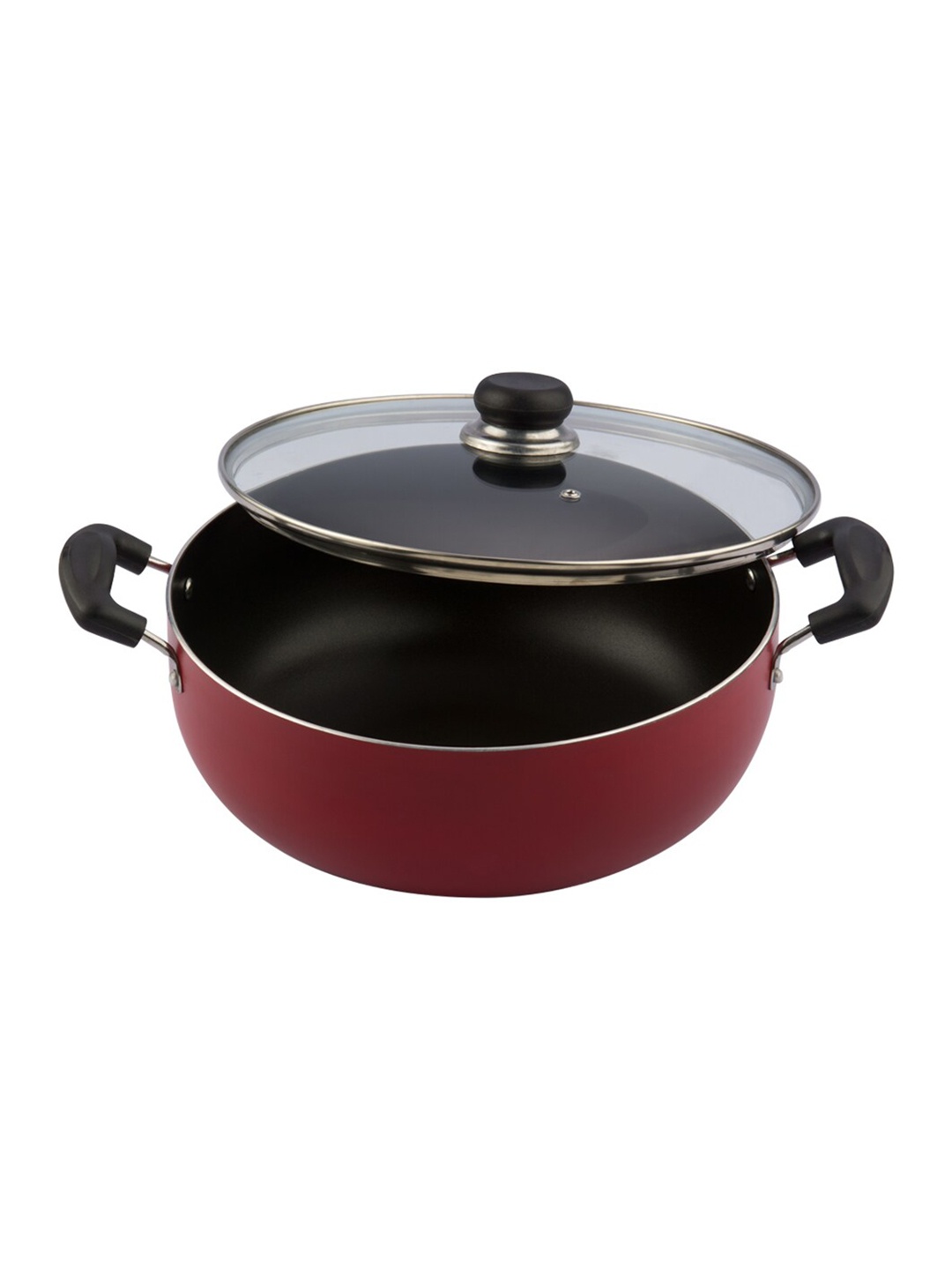 

Vinod Red & Black Solid Non-Stick Induction Base Deep Kadai with Lid Cookware