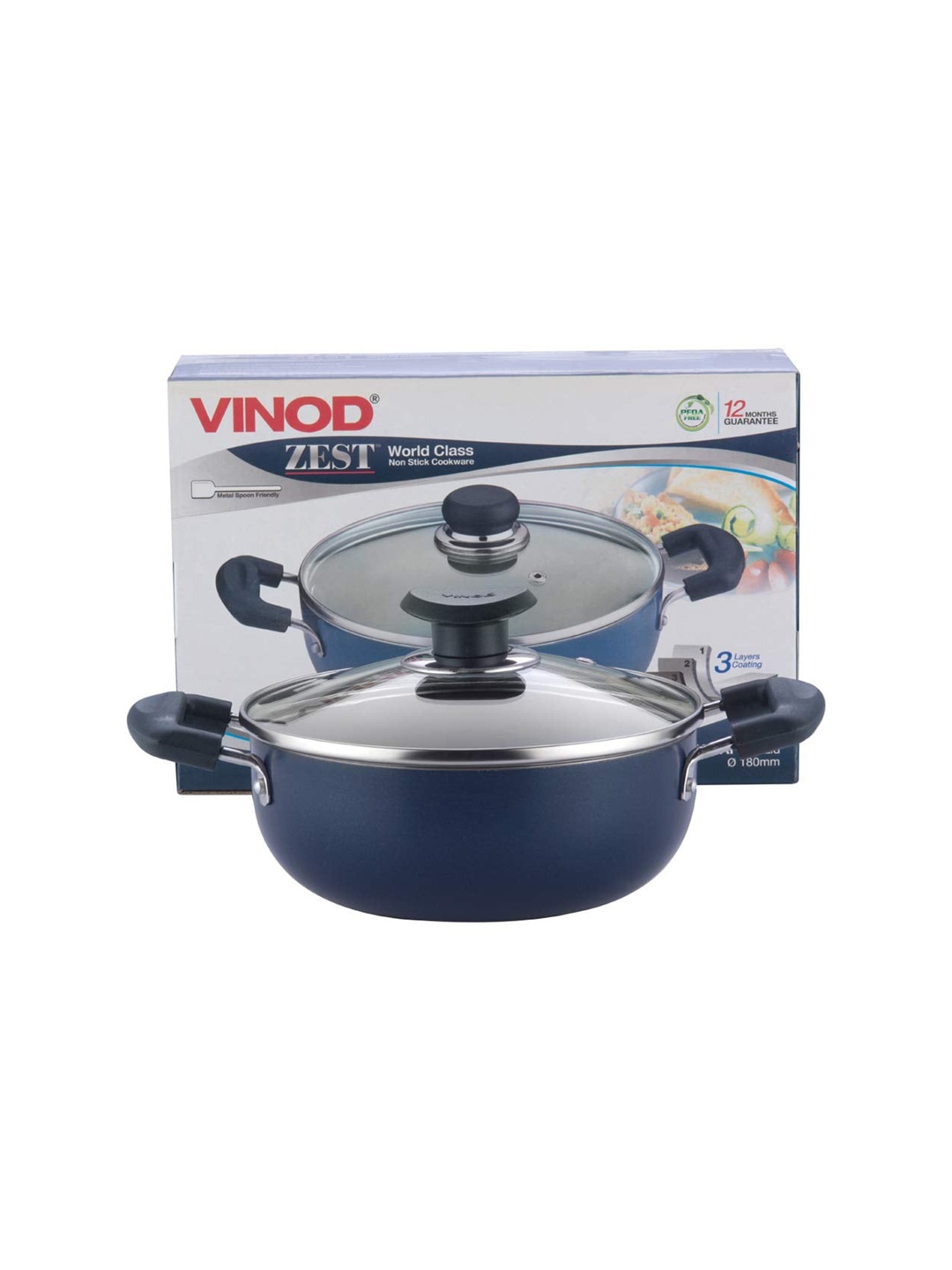 

Vinod Blue & Black Solid Non-Stick Induction Base Kadhai with Lid 1.4 Ltr