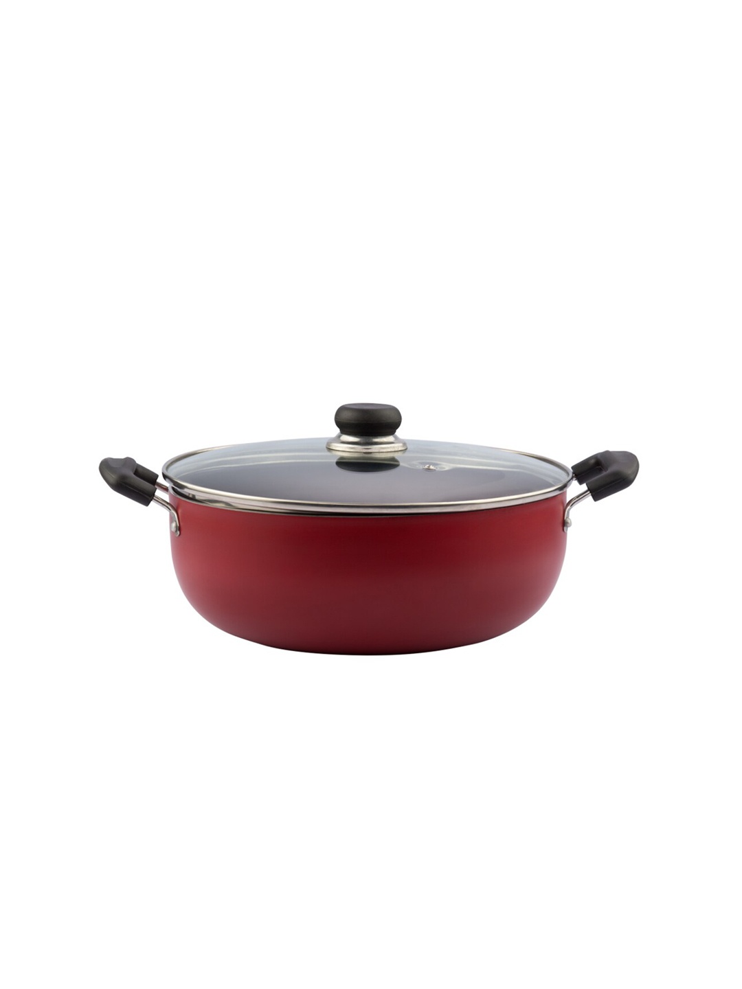 

Vinod Red & Black Solid Non-Stick Induction Deep Kadai with Lid