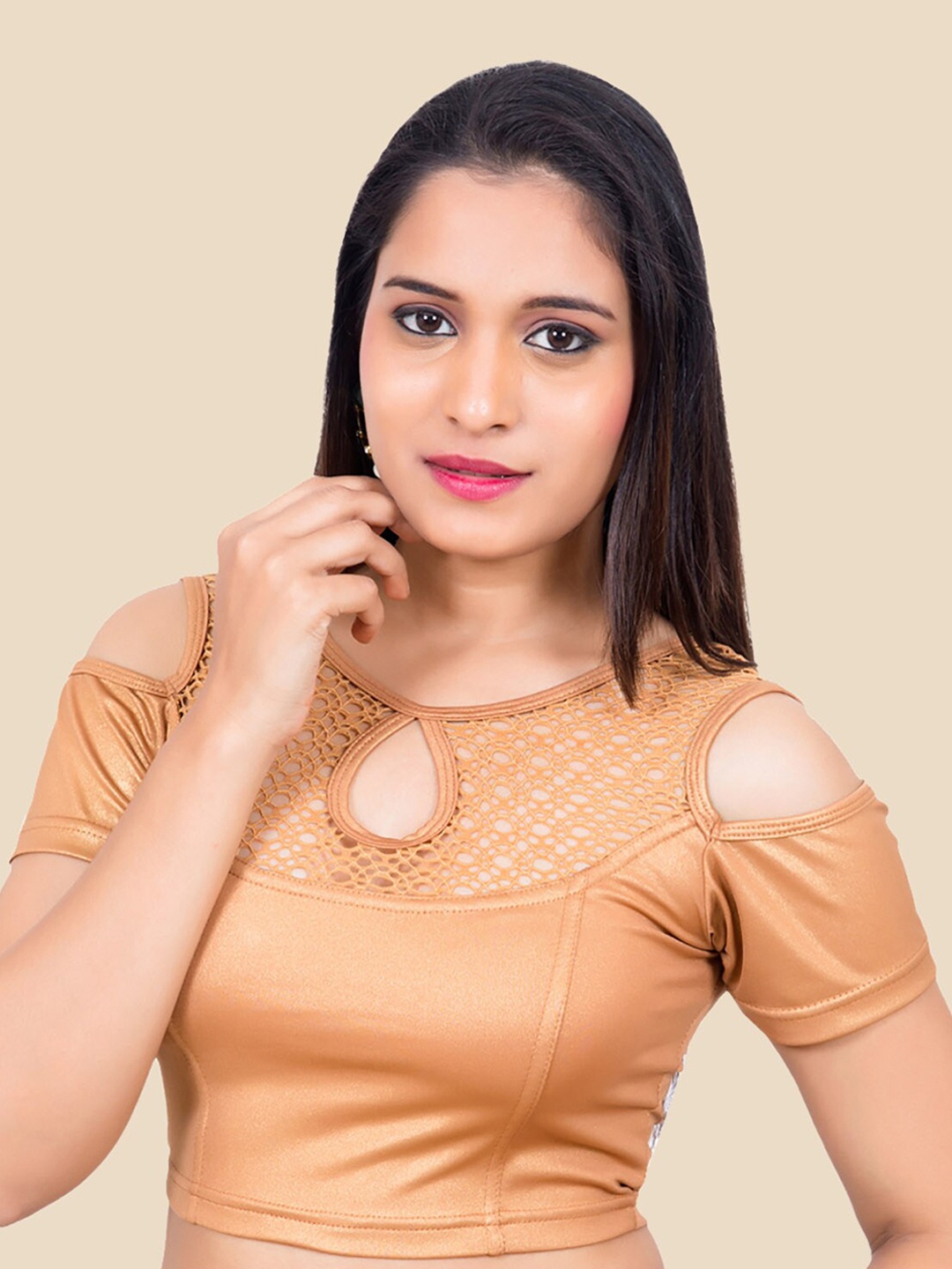 

neckbook Copper-Colored Solid Cotton Stretchable Readymade Saree Blouse