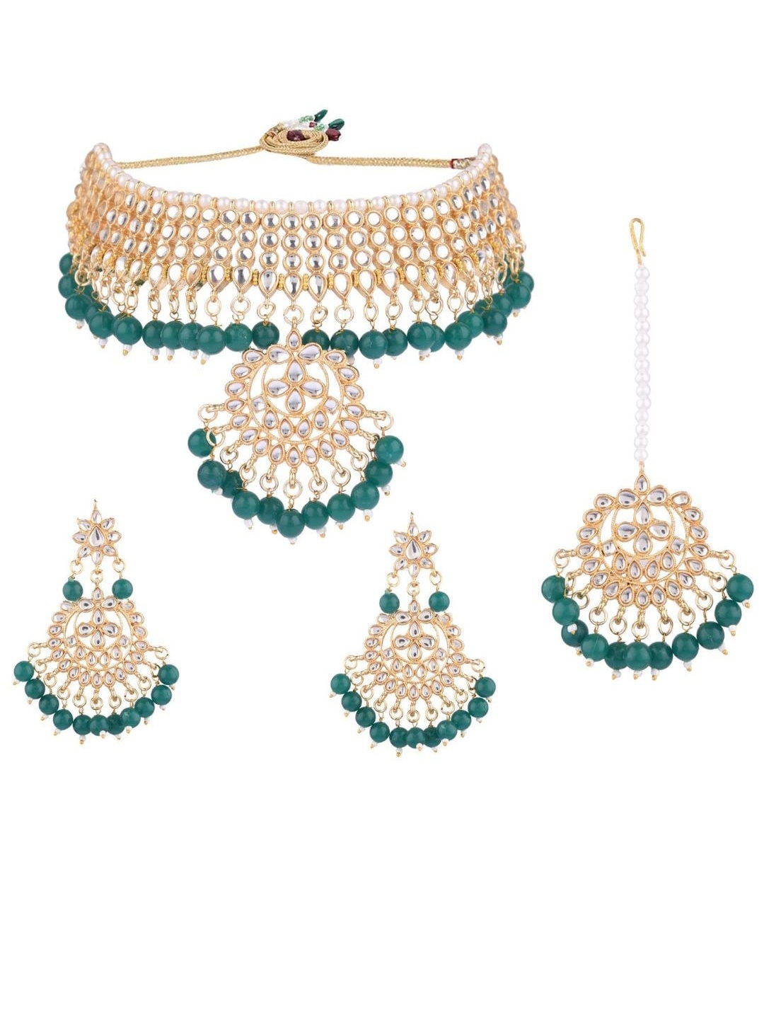 

Efulgenz Gold-Plated & Green Kundan-Studded & Beaded Jewellery Set