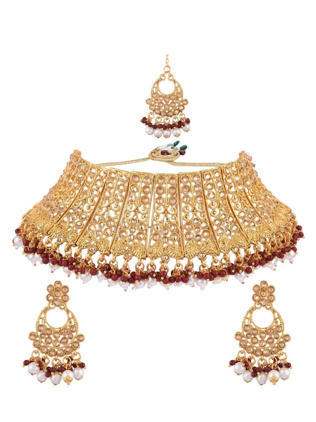 

Efulgenz Gold-Plated Maroon Crystal-Studded & Pearl Beaded Choker Jewellery Set