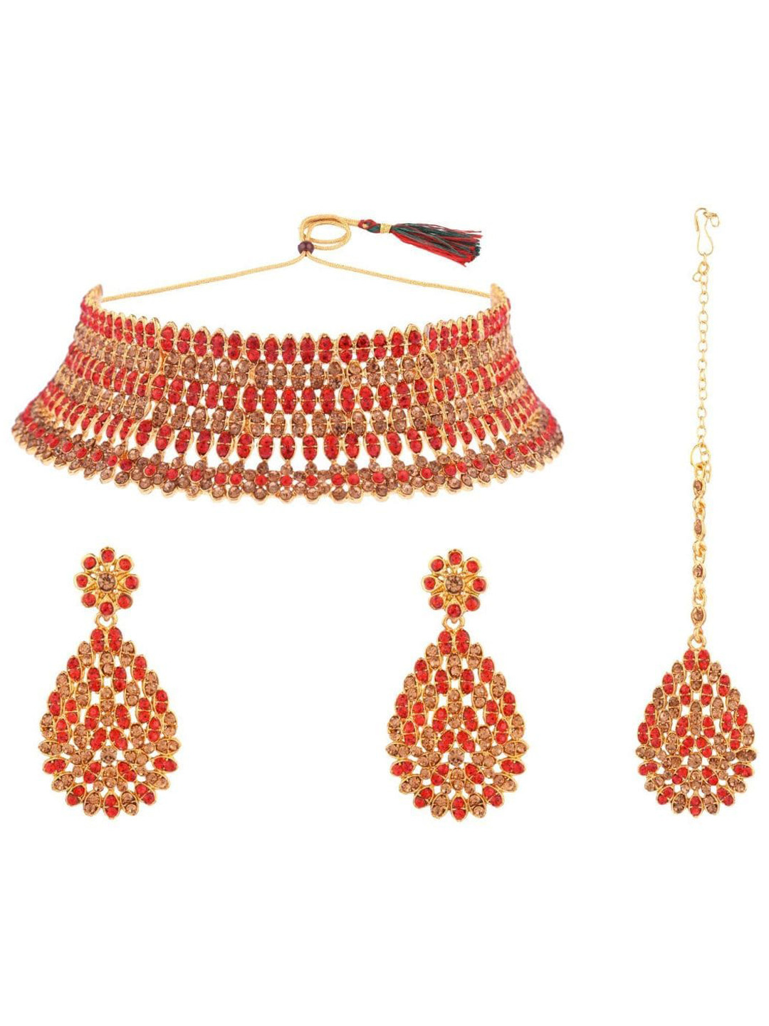 

Efulgenz Gold-Plated & Red Cystal Studded Antique Jewellery Set