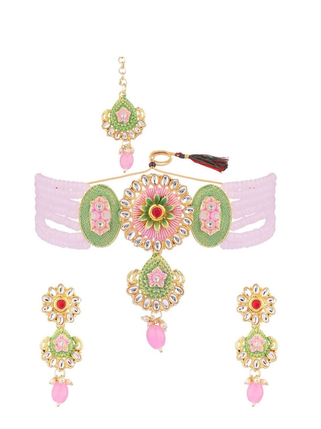 

Efulgenz Gold-Plated & Pink & Green Crystals-Studded Jewellery Set