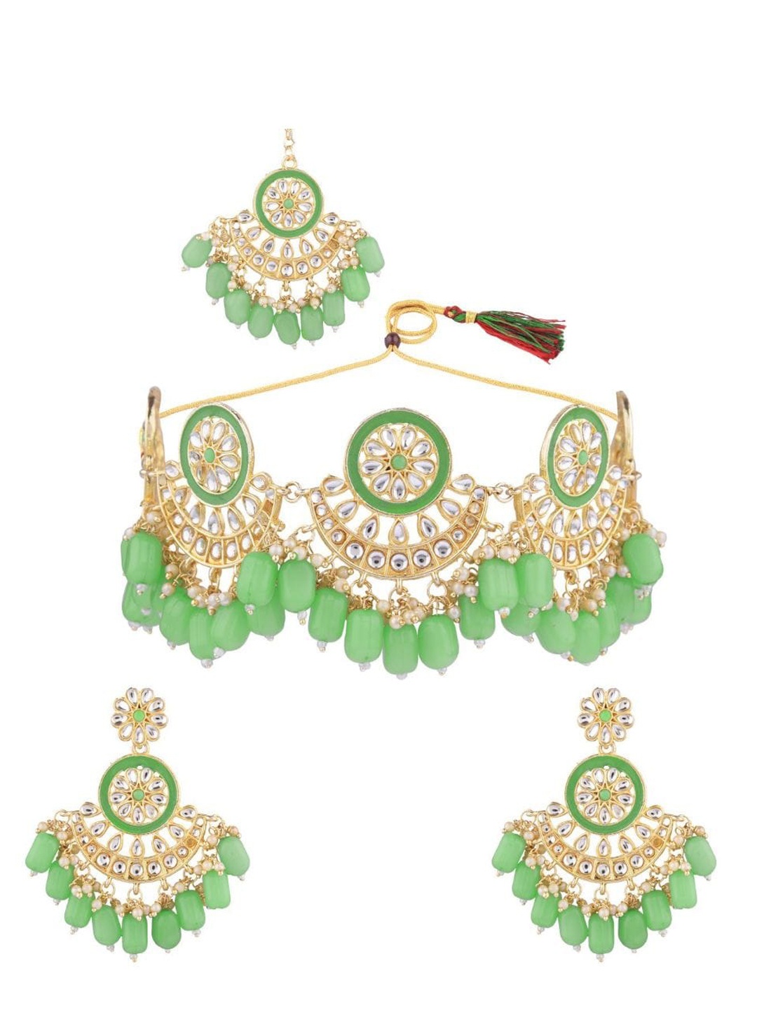 

Efulgenz Gold-Plated Lime Green Kundan-Studded & Beaded Jewellery Set