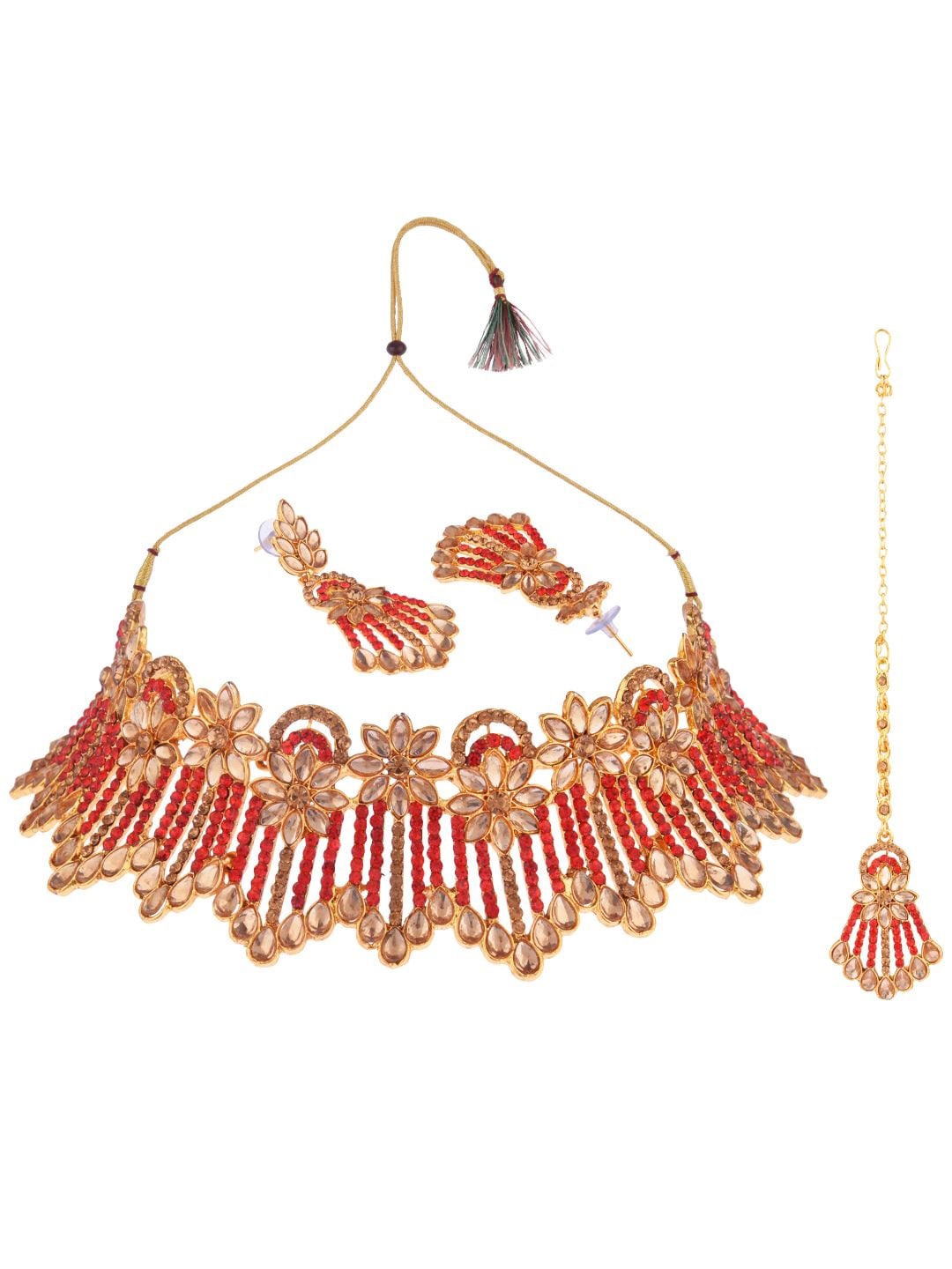 

Efulgenz Gold-Plated Red Crystal-Studded Jewellery Set