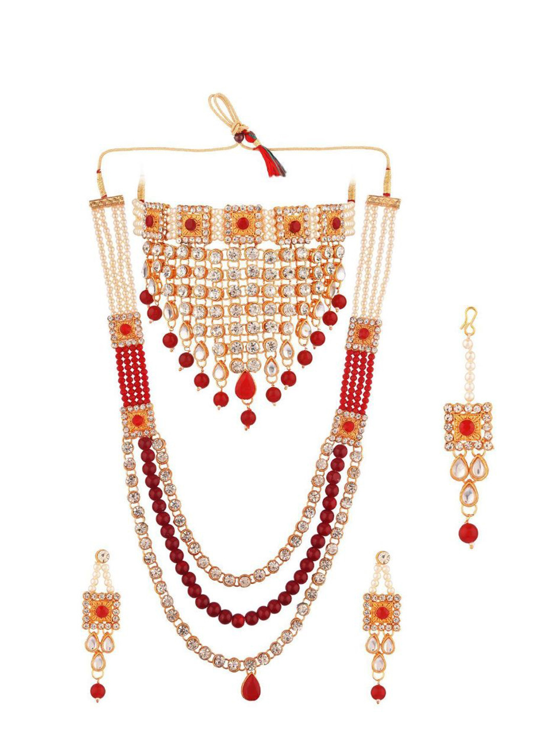 

Efulgenz Gold-Plated Red & White Kundan-Studded Jewellery Set