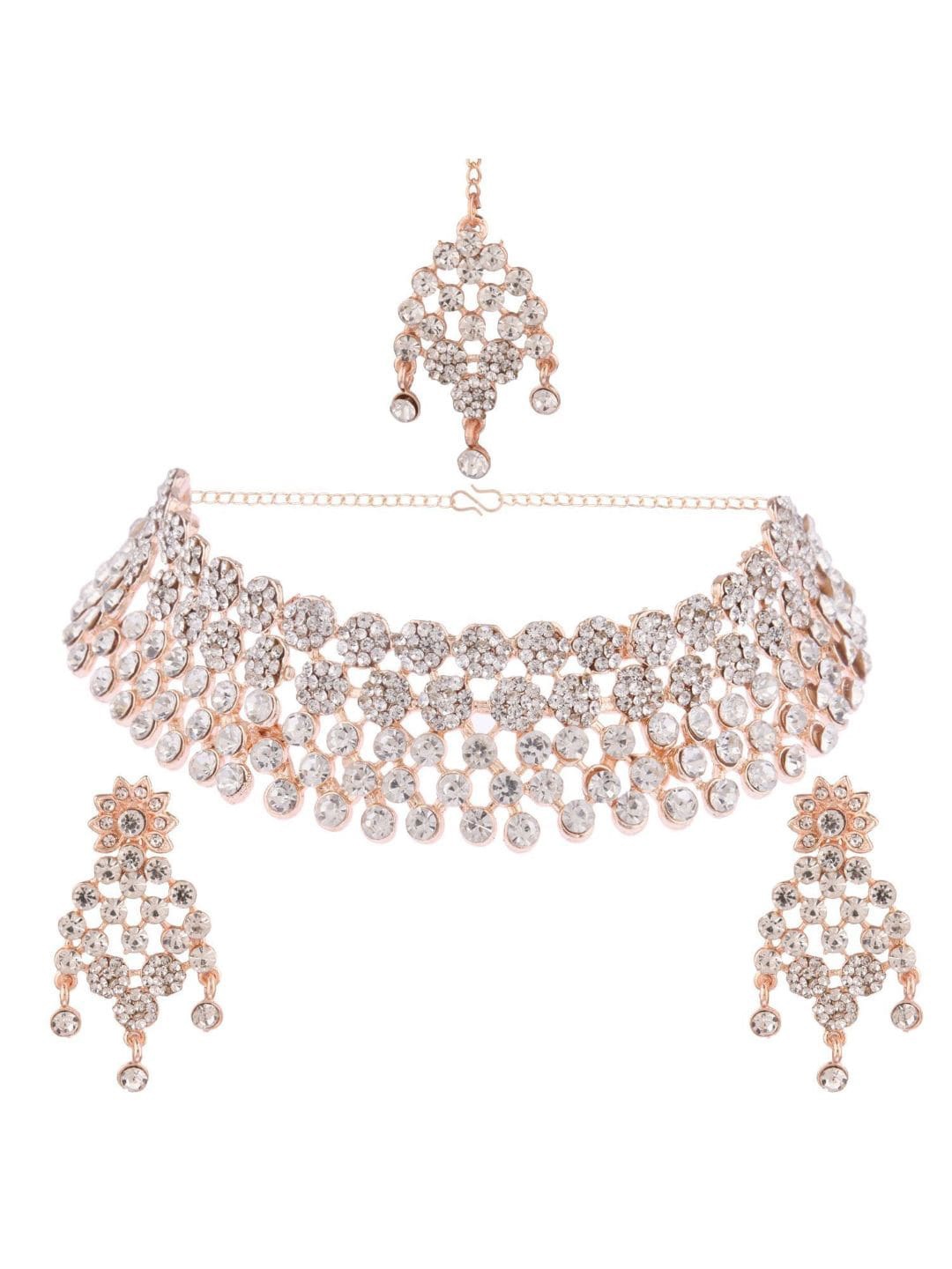 

Efulgenz Gold-Plated White Crystal-Studded Jewellery Set