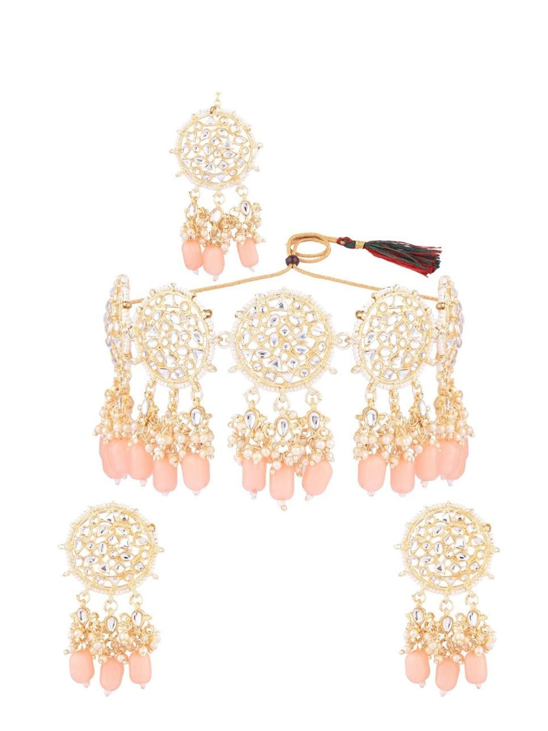 

Efulgenz Women Gold-Plated White & Peach Crystal-Studded & Beaded Jewellery Set