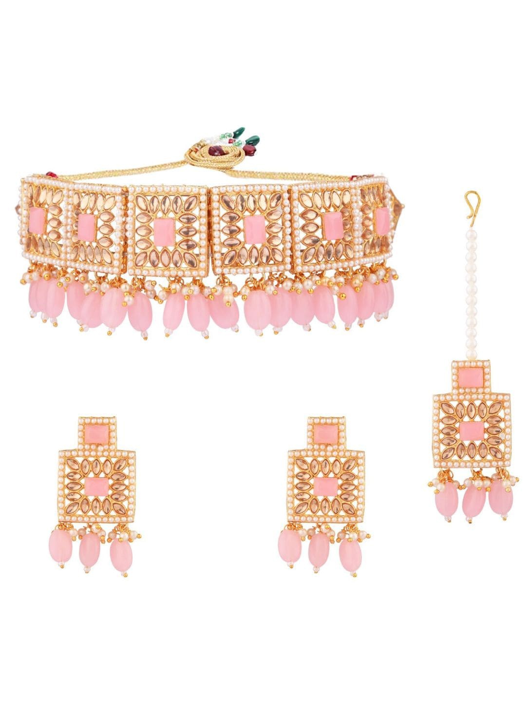 

Efulgenz Women Gold-Plated Pink Crystal-Studded & Beaded Jewellery Set