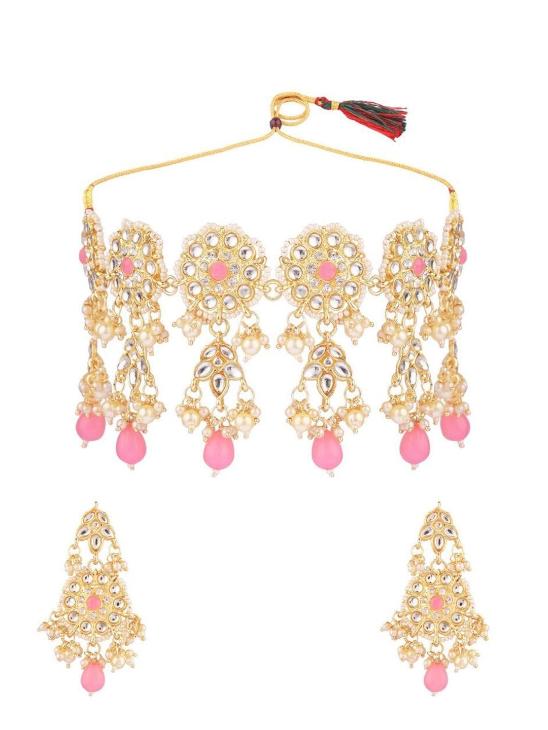 

Efulgenz Gold-Plated White & Pink Crystal-Studded & Pearl Beaded Jewellery Set