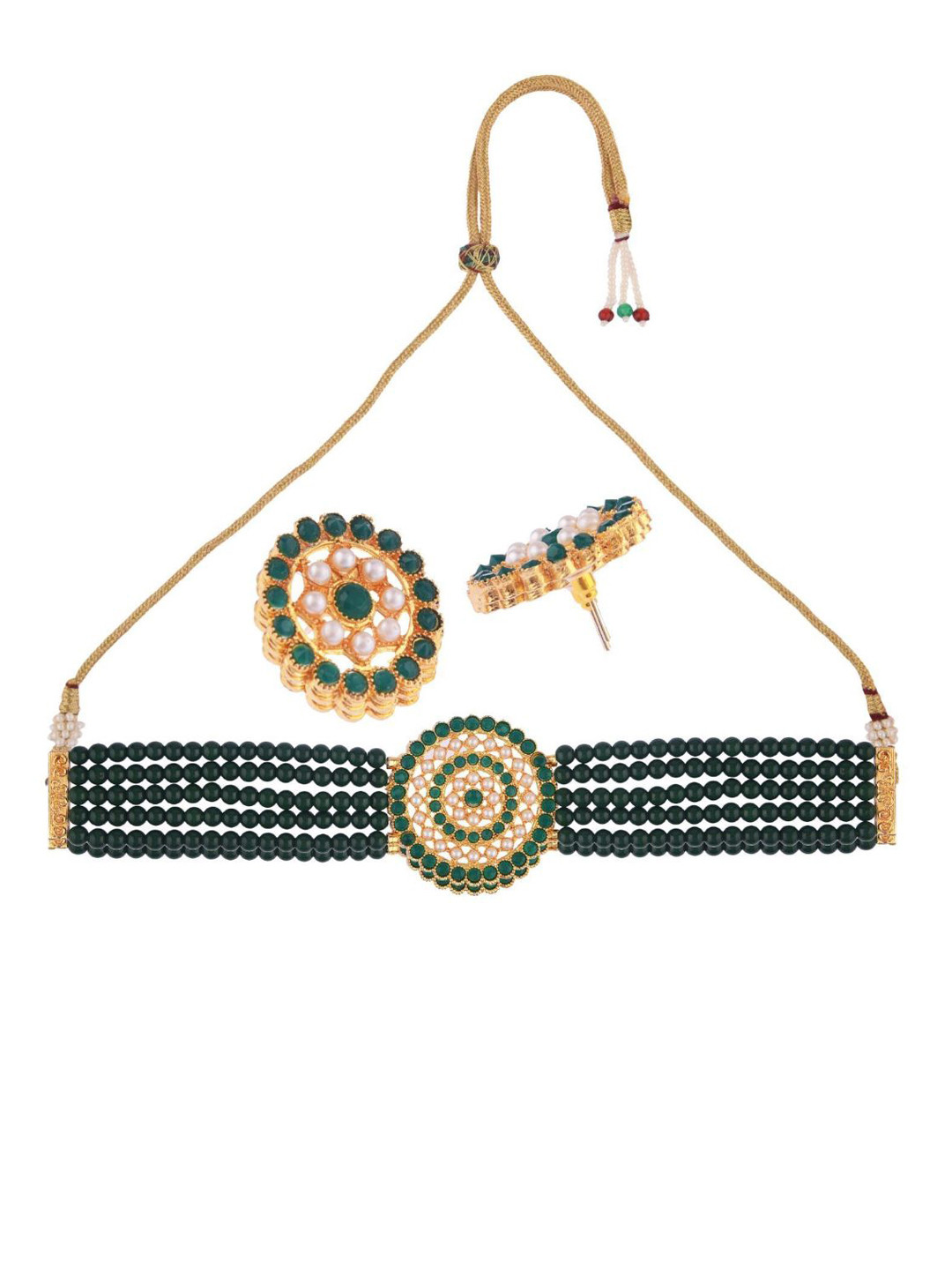 

Efulgenz Women Gold-Plated & Green Stone-Studded & Beaded Jewellery Set